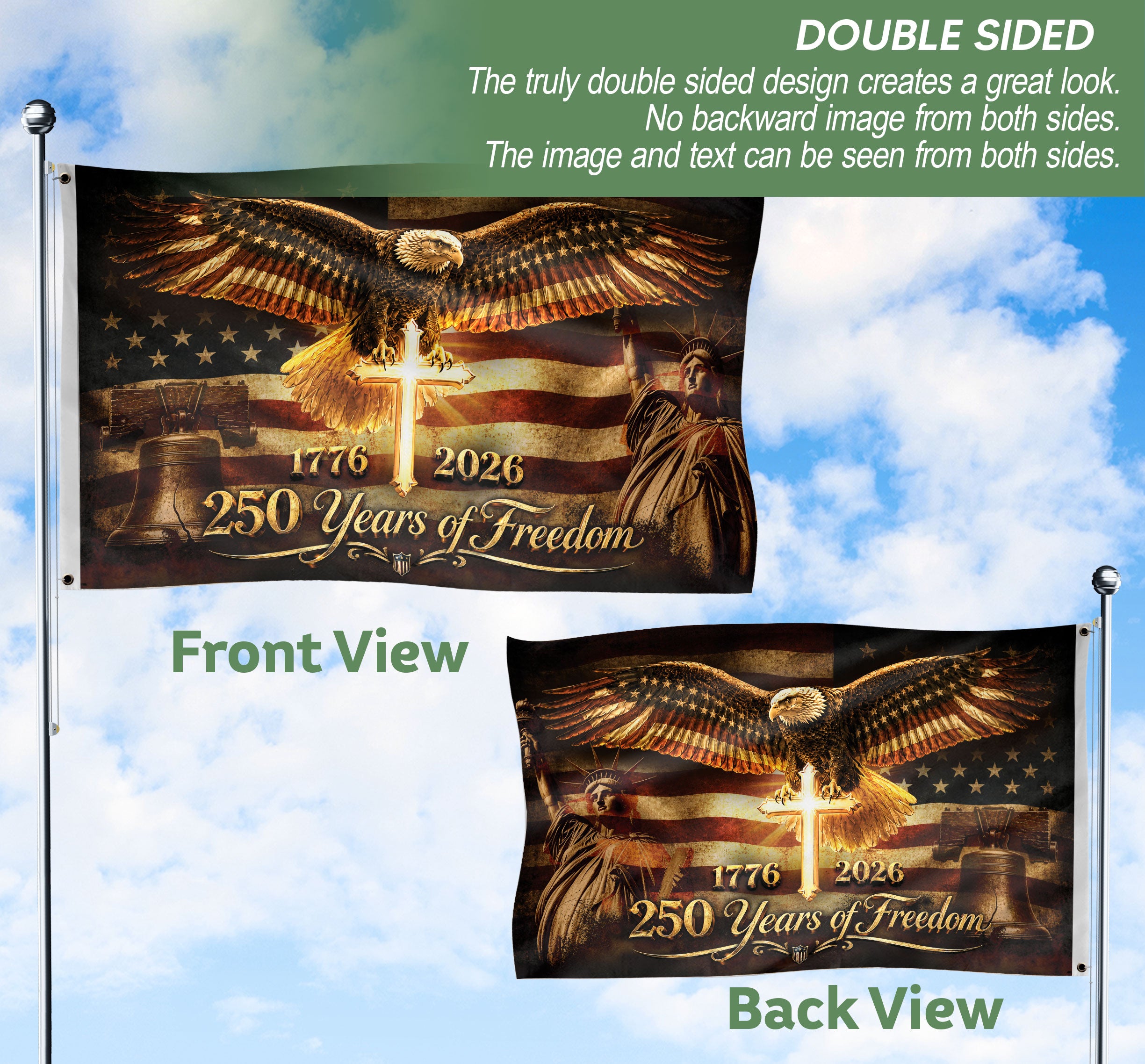 250 Years of Freedom Flag 1776-2026 Patriotic US Bald Eagle Liberty Bell Cross Banner