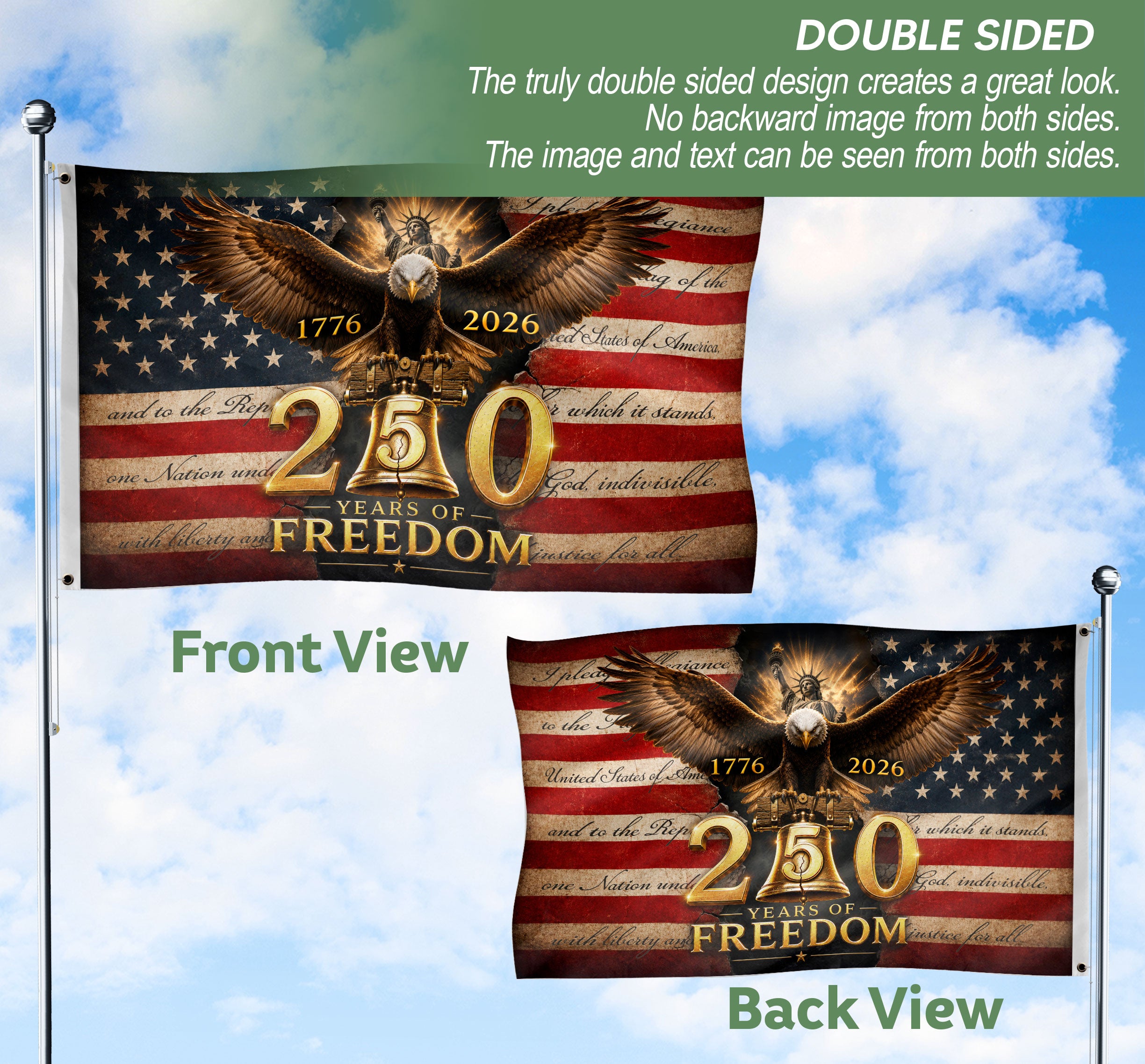 250 Years of Freedom Flag 1776-2026 Eagle Liberty Bell Statue of Liberty US Banner