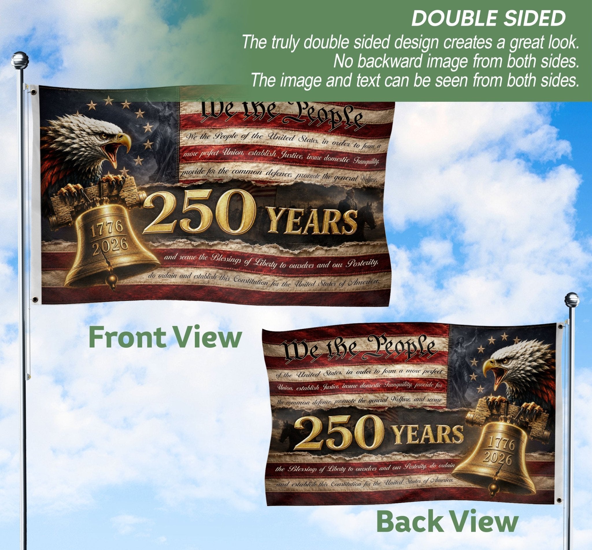 250 Years We The People Flag 1776-2026 Constitution Liberty Bell Eagle Patriotic Banner - Rust Field Wear