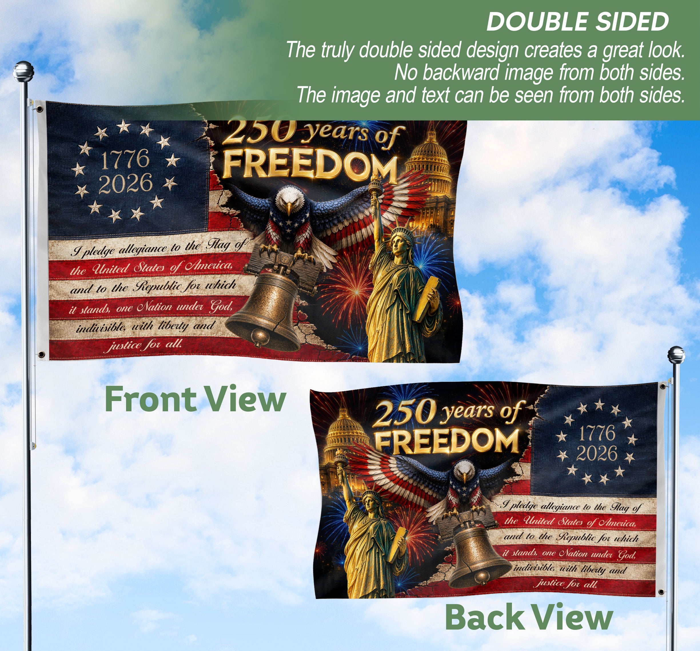 250 Years of Freedom Flag 1776-2026 Pledge of Allegiance Statue of Liberty US Banner