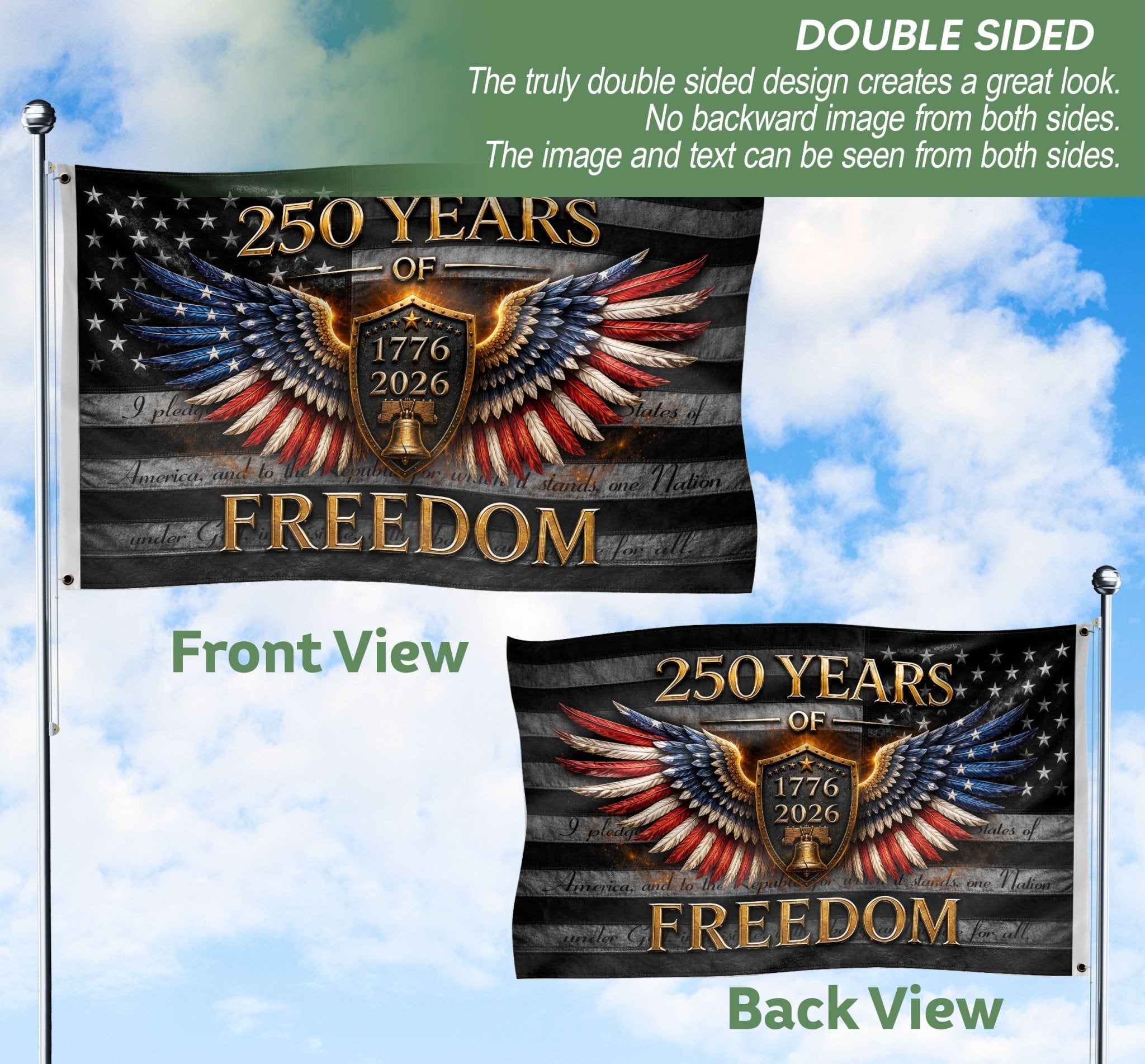250 Years of Freedom Flag 1776-2026 Patriotic Eagle Wings Shield Liberty Bell Banner - Rust Field Wear