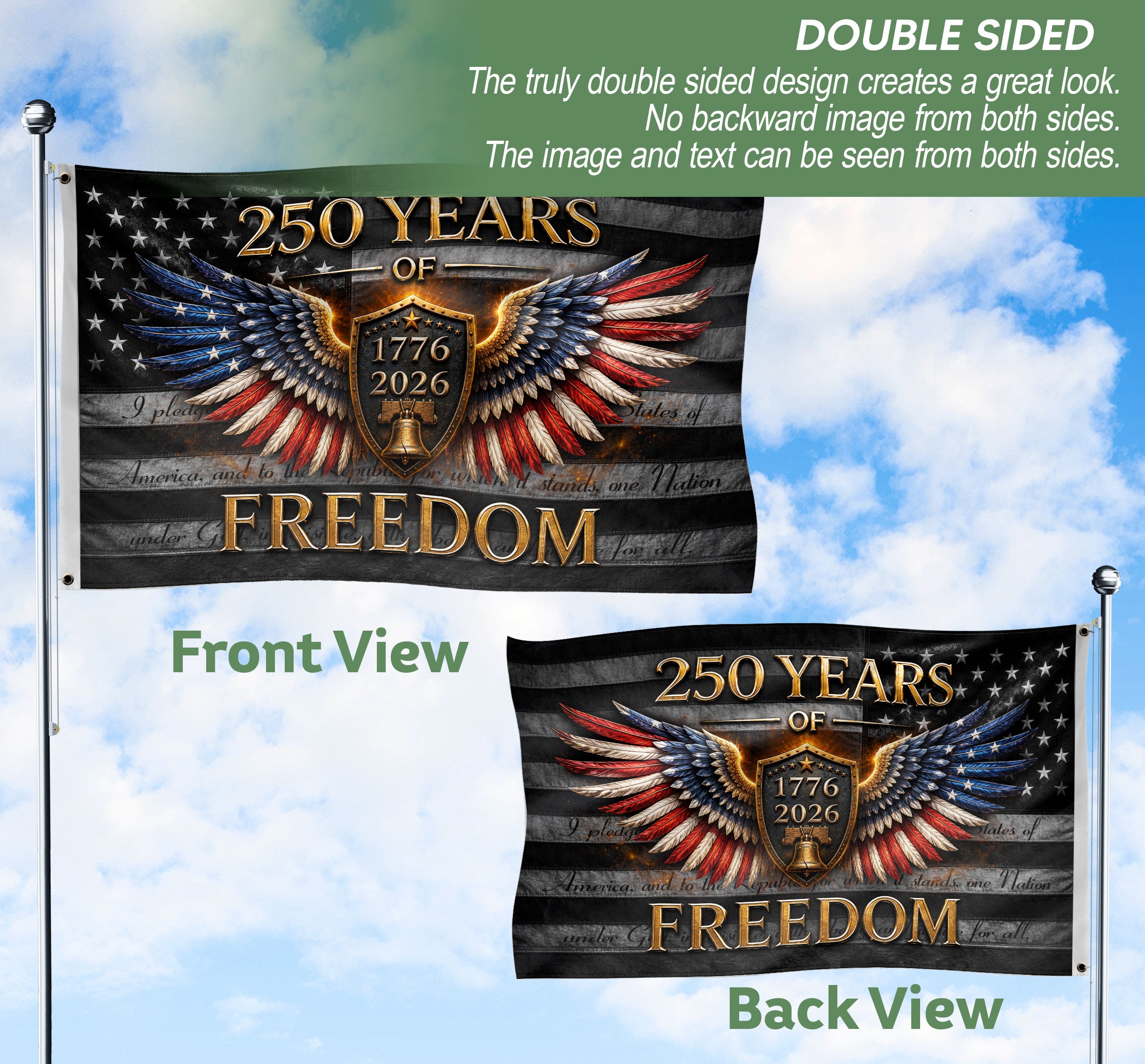 250 Years of Freedom Flag 1776-2026 Patriotic Eagle Wings Shield Liberty Bell Banner