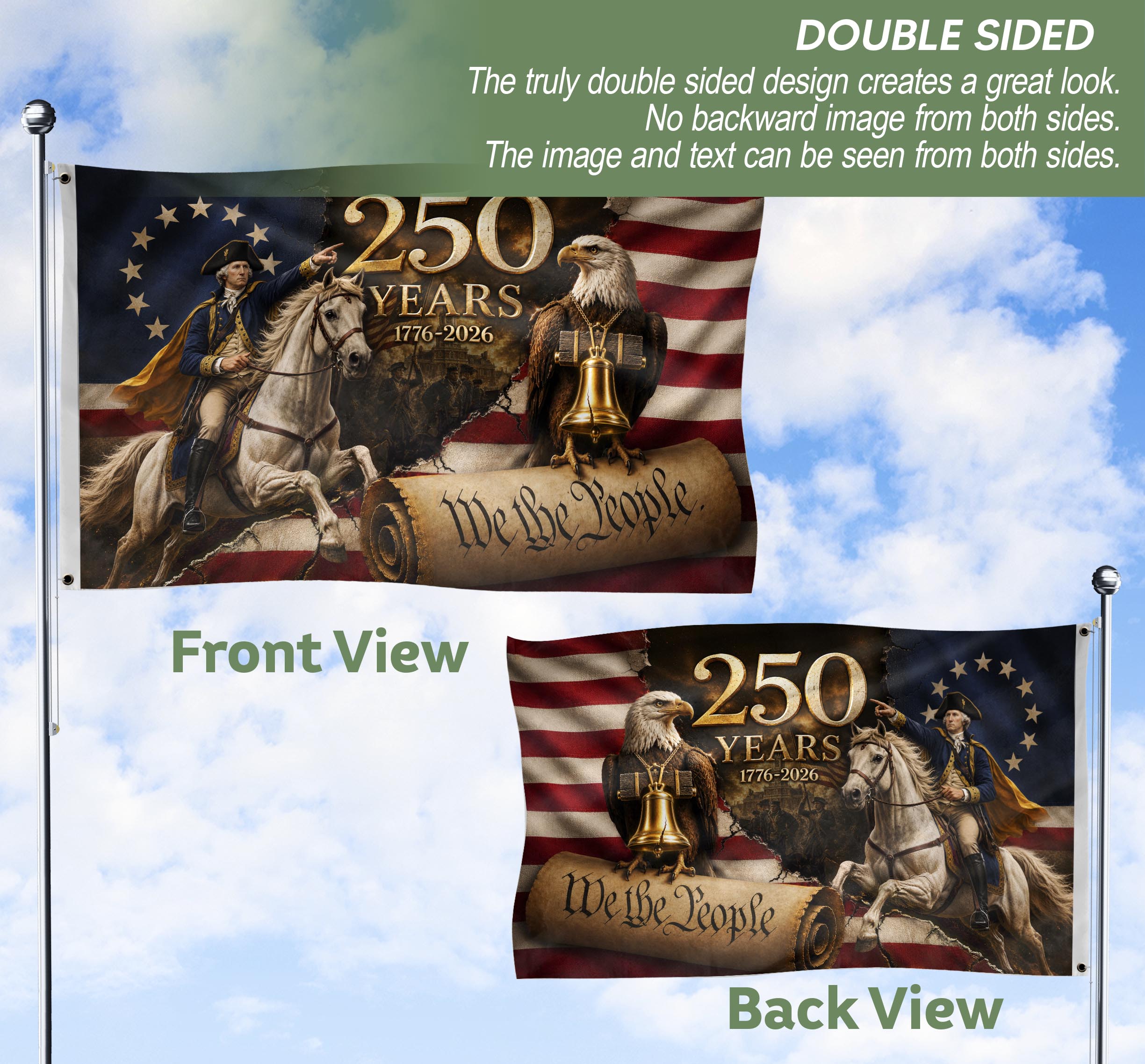 250 Years US Flag George Washington Eagle Liberty Bell 1776-2026 We The People Banner