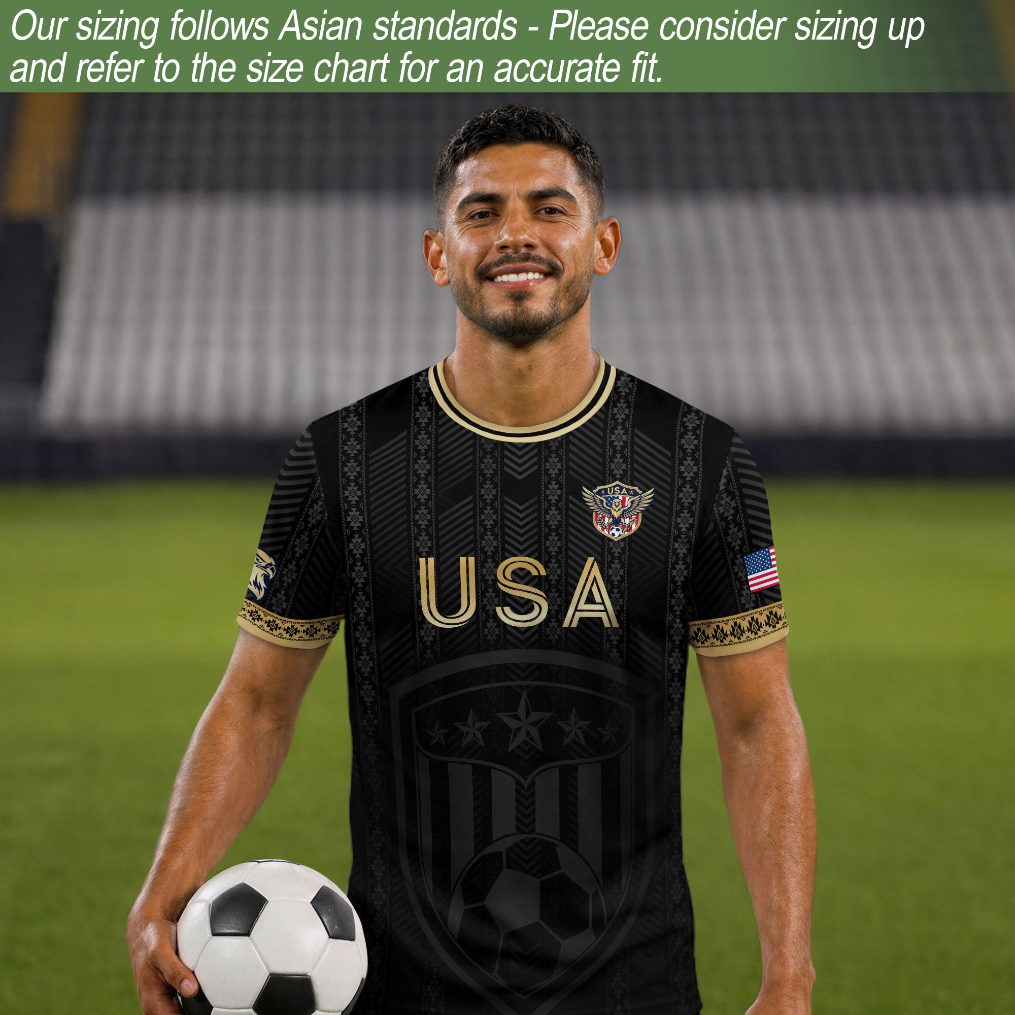 USA Soccer Jersey Patriotic American Eagle Black Gold Shield Football Shirt Men Women Gear