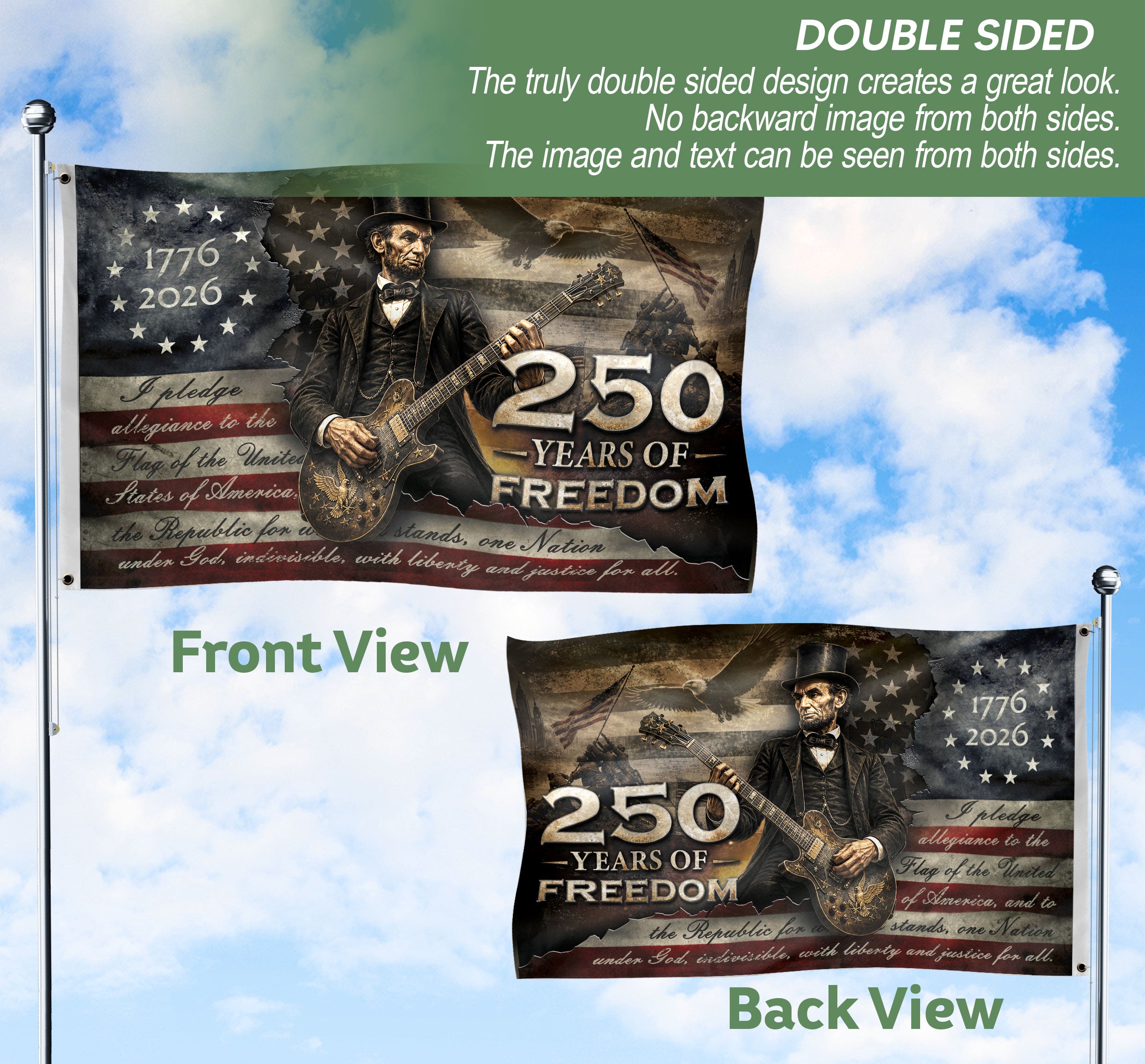 250 Years of Freedom Flag 1776-2026 Abraham Lincoln Guitar Eagle Patriotic US Banner