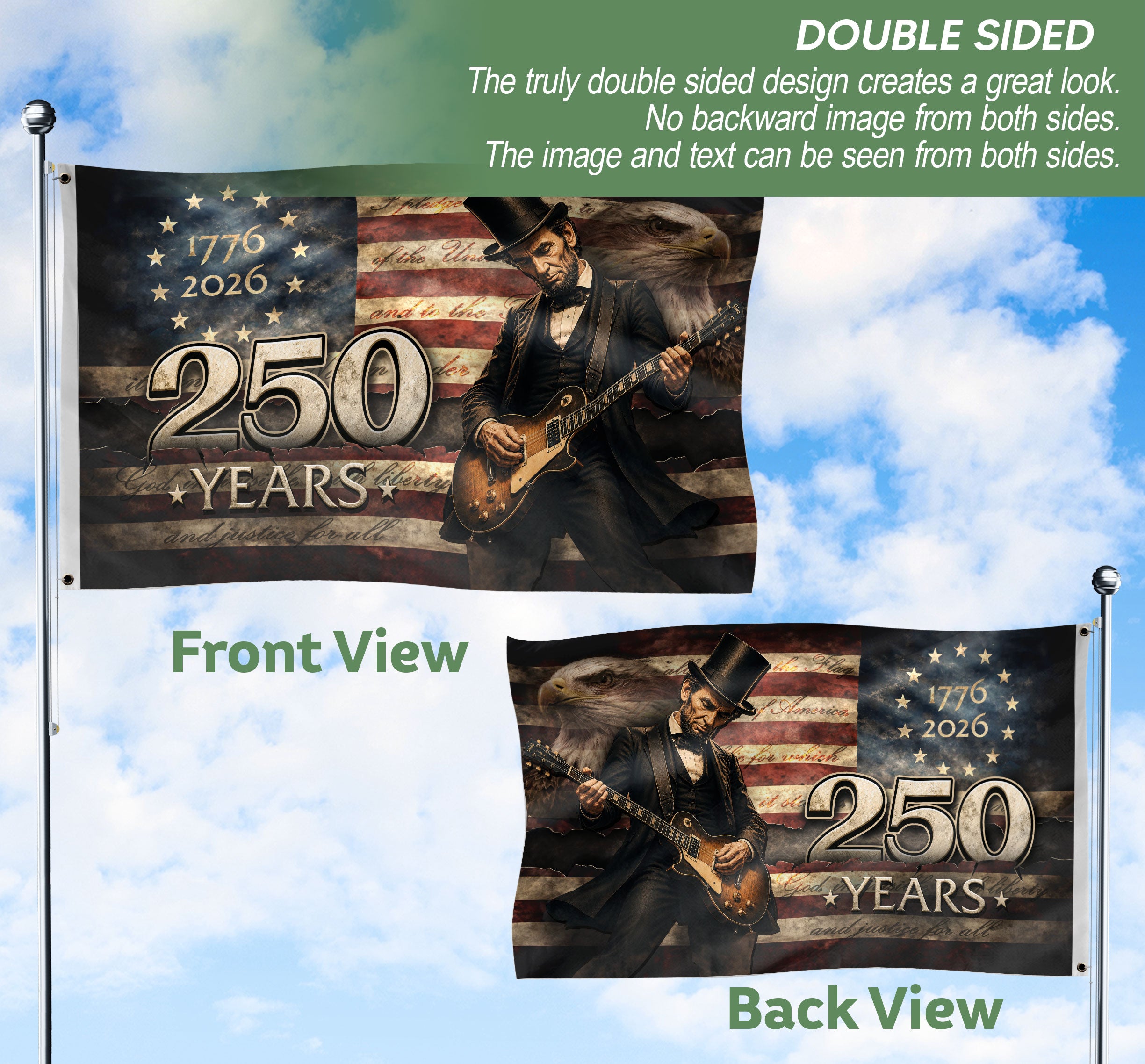 Patriotic 250 Years of Freedom Flag 1776-2026 Abraham Lincoln Guitar Bald Eagle US Banner
