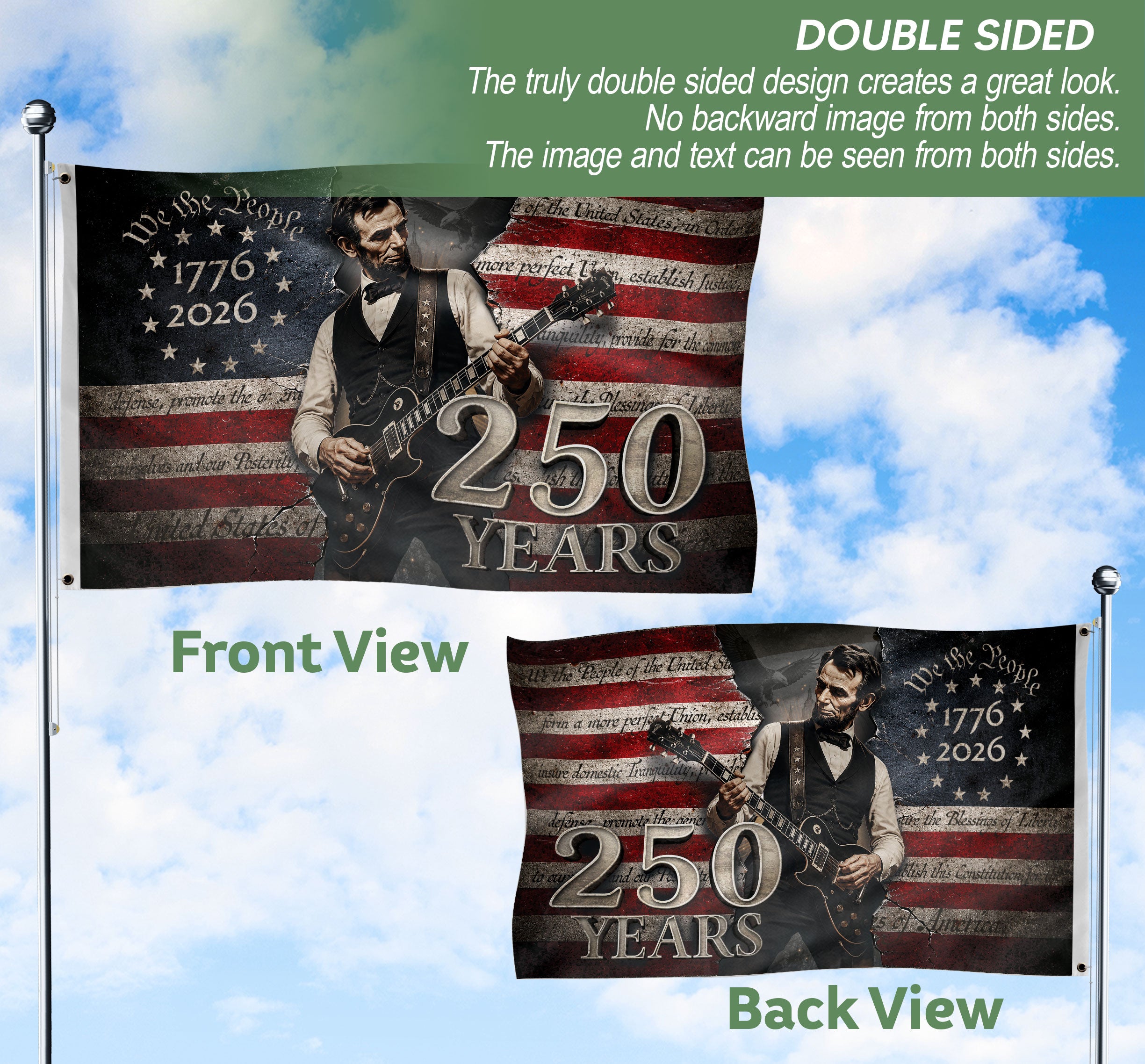 250 Years of Freedom Flag 1776-2026 Abraham Lincoln Guitar Patriotic US Banner We the People Decor