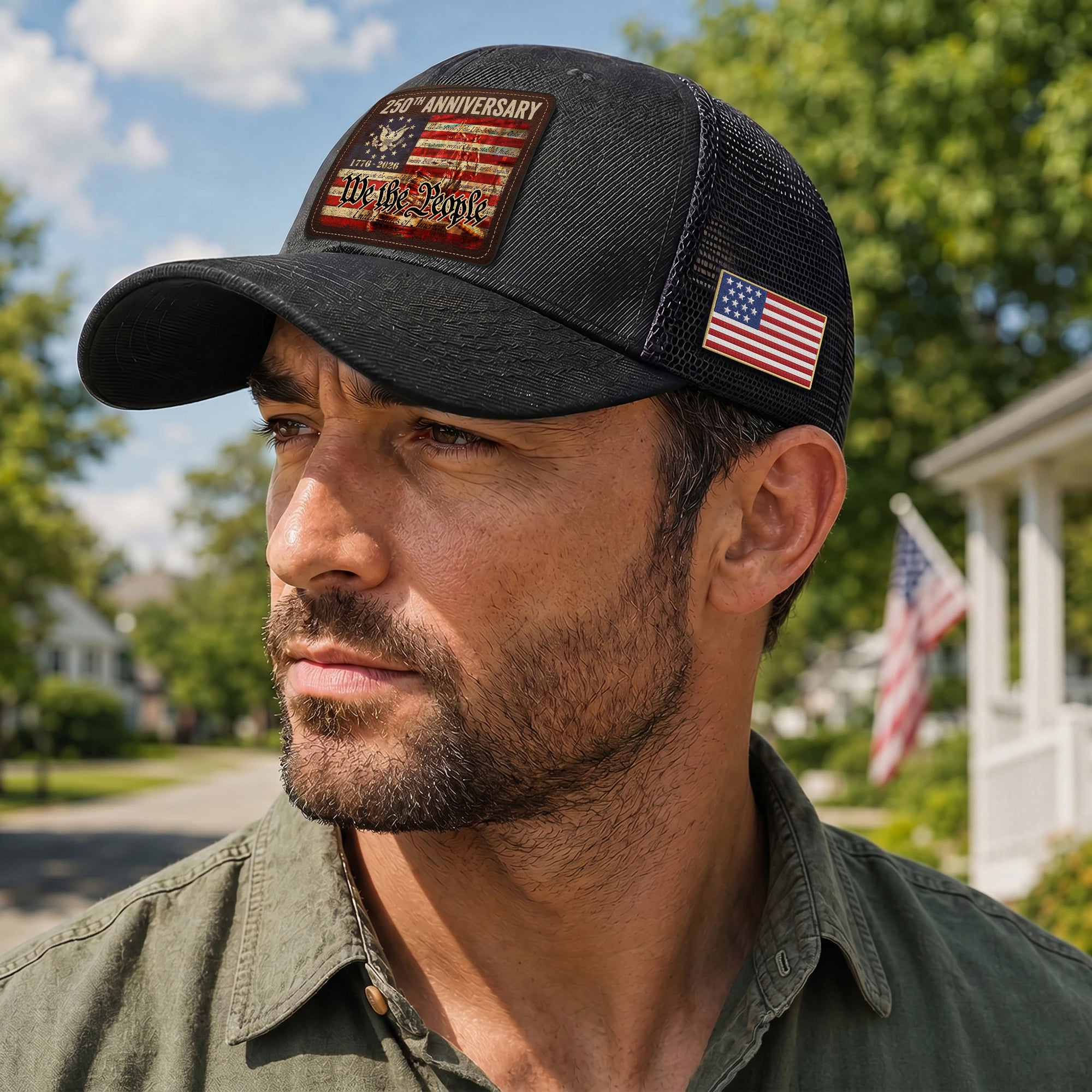 US 250th Anniversary Leather Patch Hat We The People Constitution Trucker Cap upsale