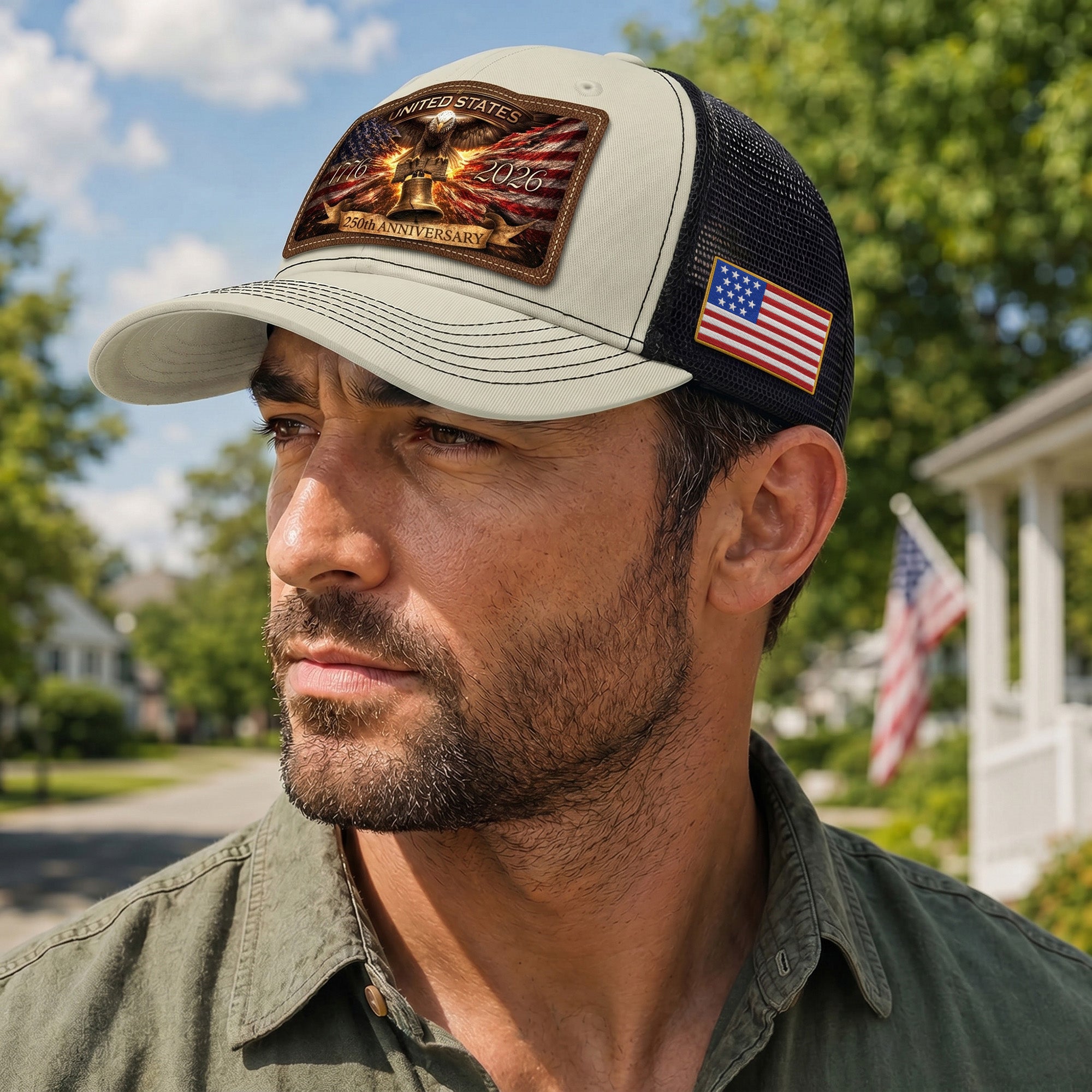 US 250th Anniversary Leather Patch Hat Liberty Bell Eagle Off White Trucker Cap upsale