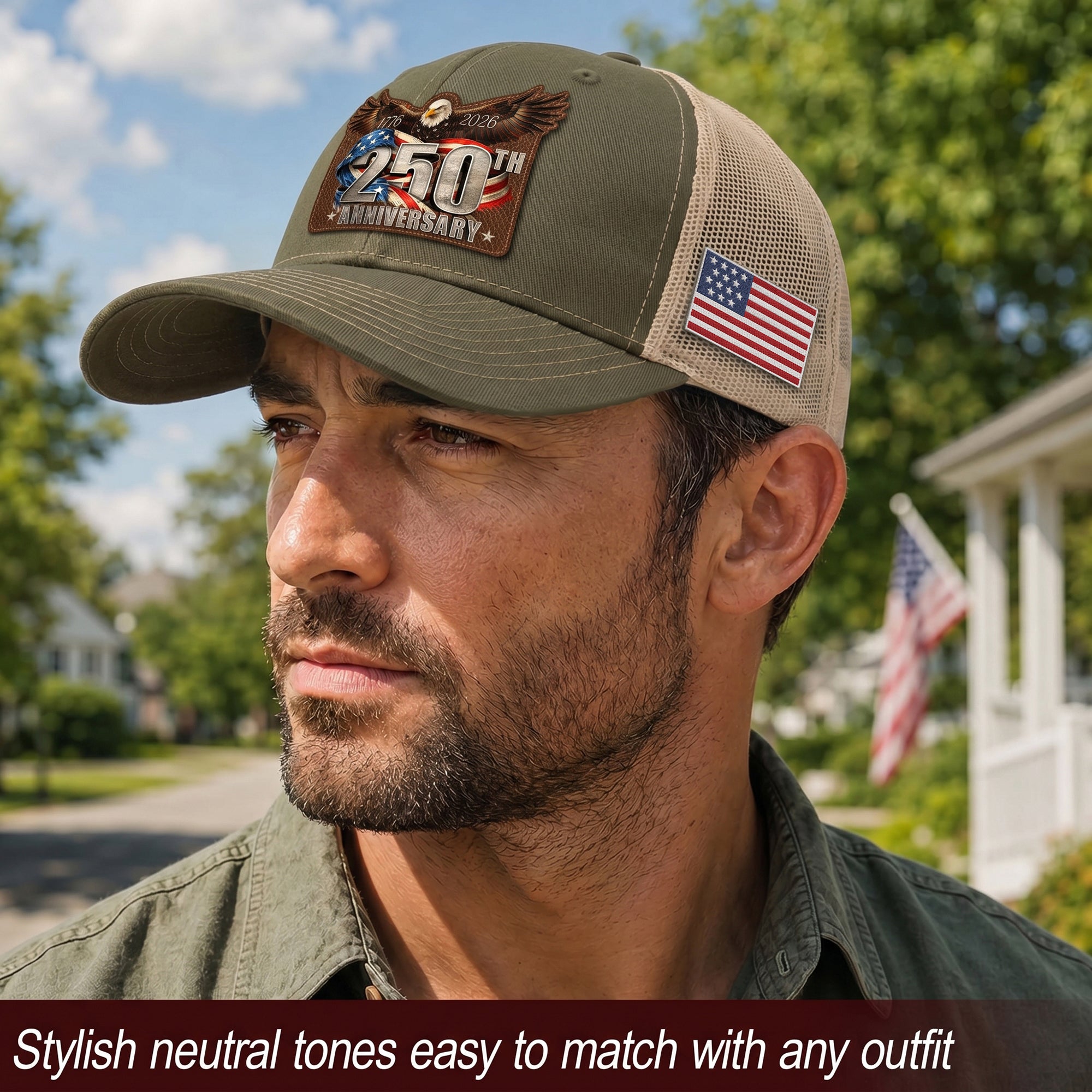 US 250th Anniversary Leather Patch Hat Patriotic Eagle Trucker Cap upsale