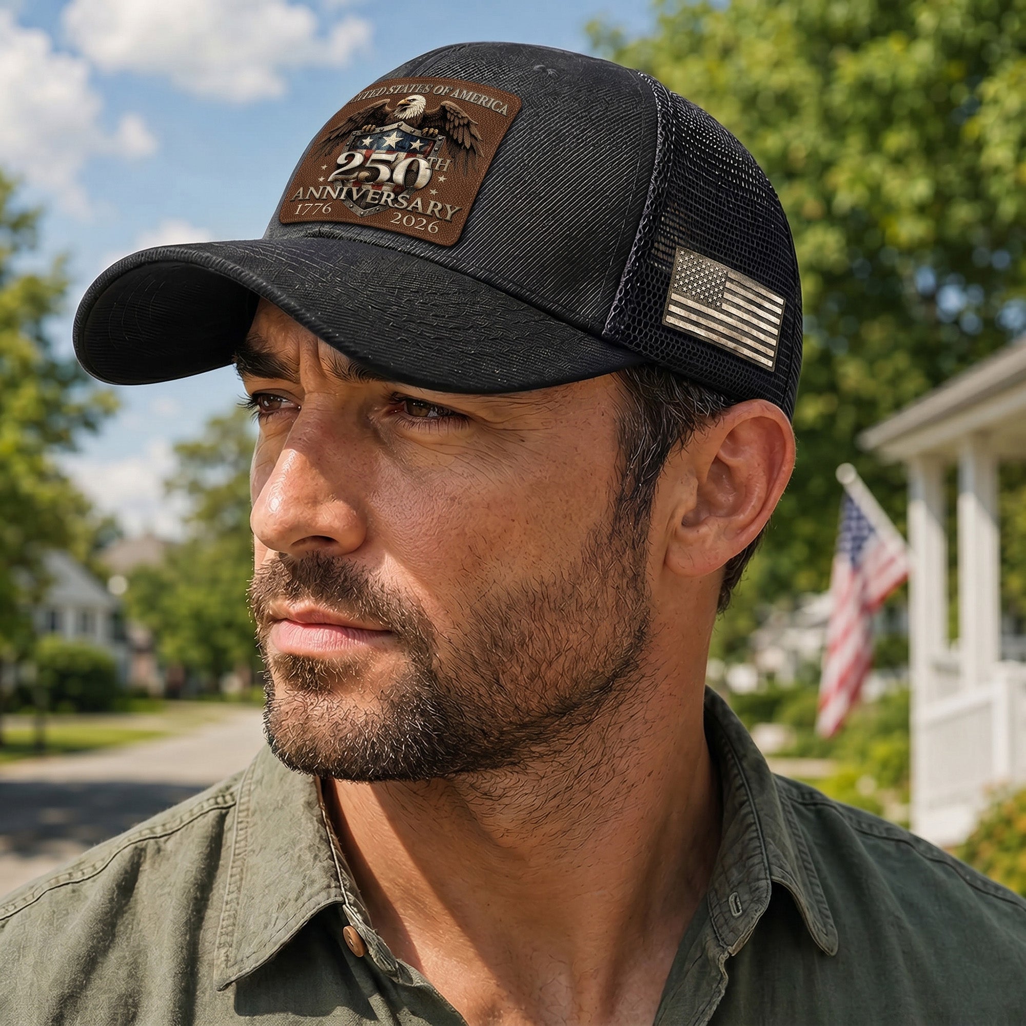 US 250th Anniversary Leather Patch Hat Patriotic Eagle Shield Black Trucker Cap upsale