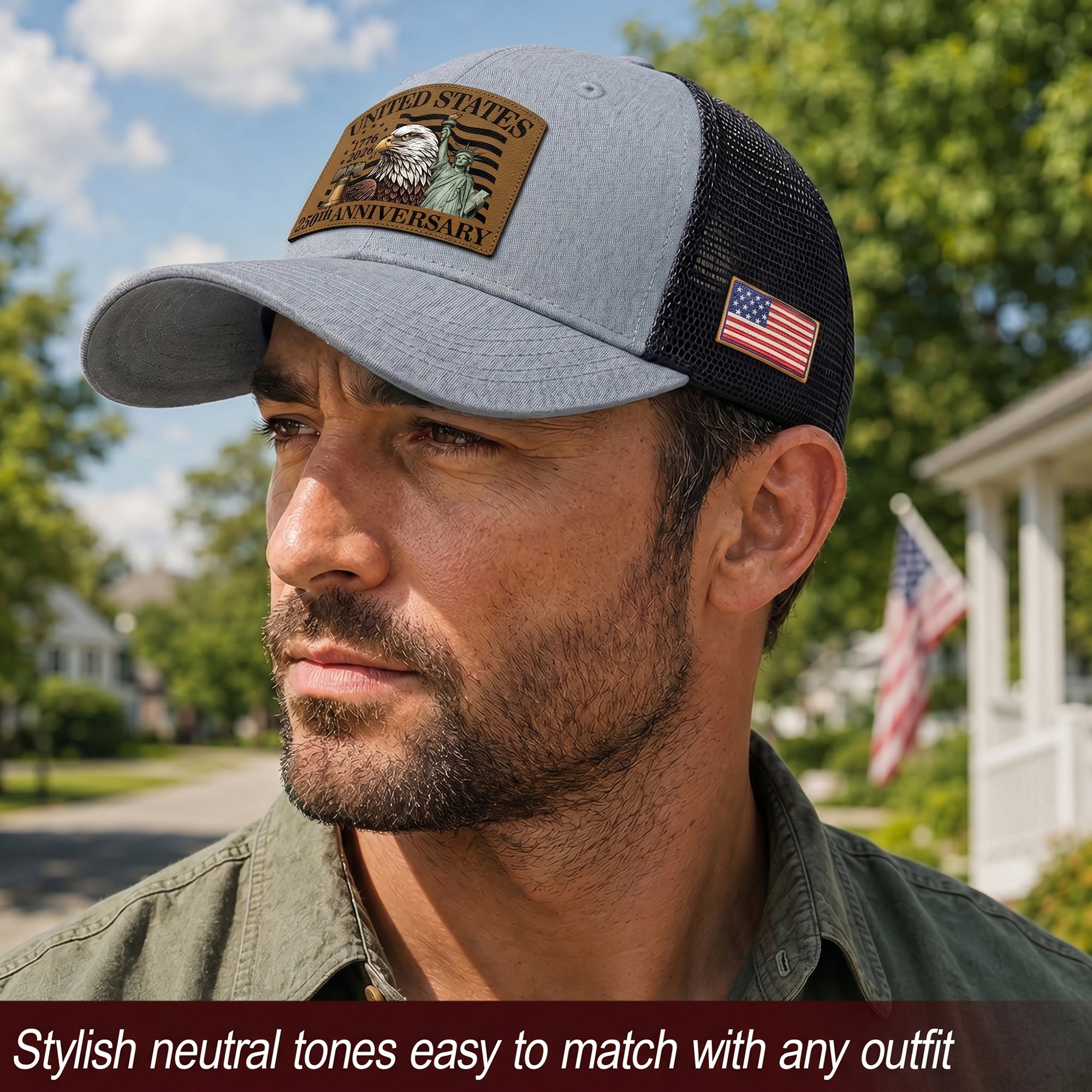 US 250th Anniversary Leather Patch Hat Patriotic American Eagle Trucker Cap