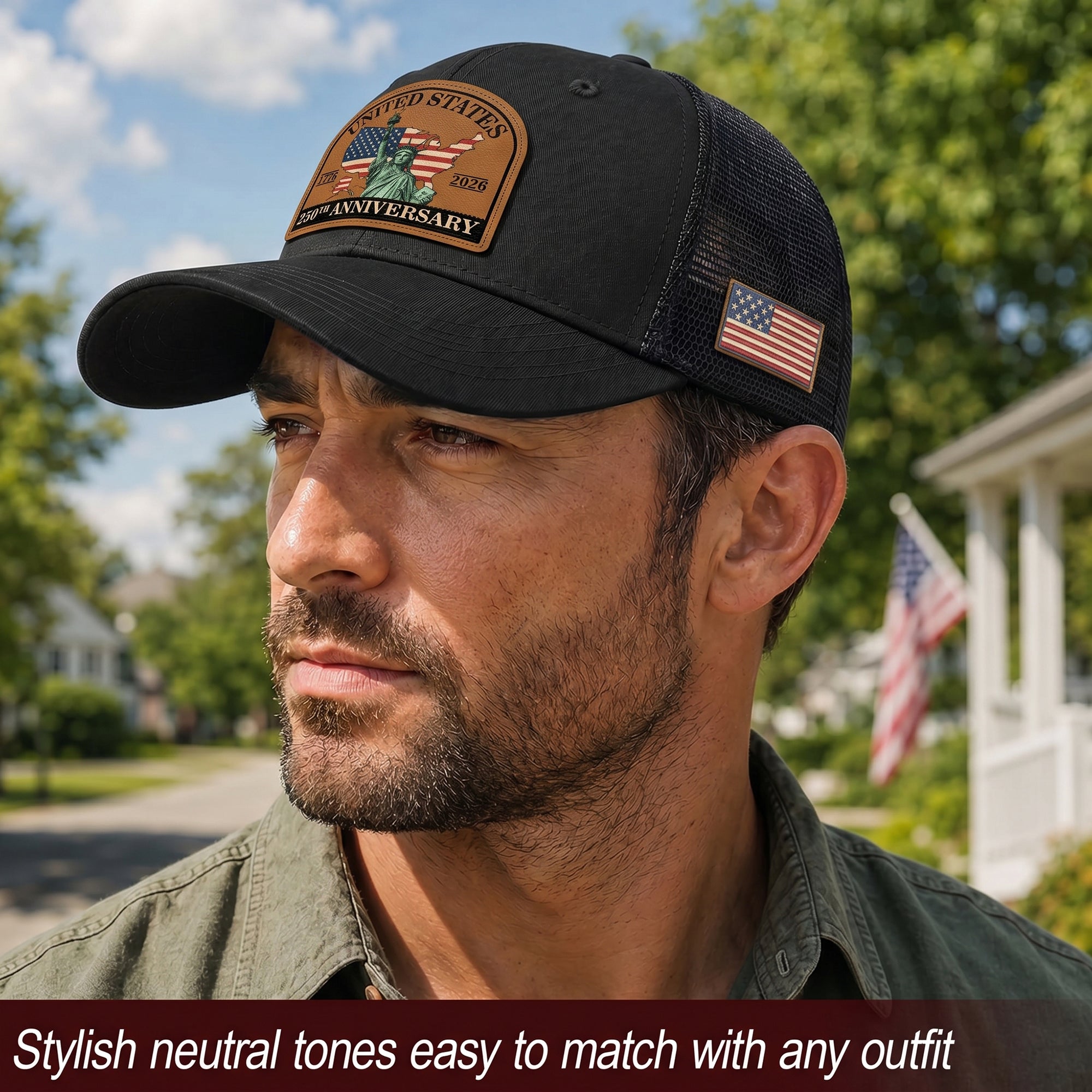 US 250th Anniversary Leather Patch Hat Statue of Liberty Black Trucker Cap