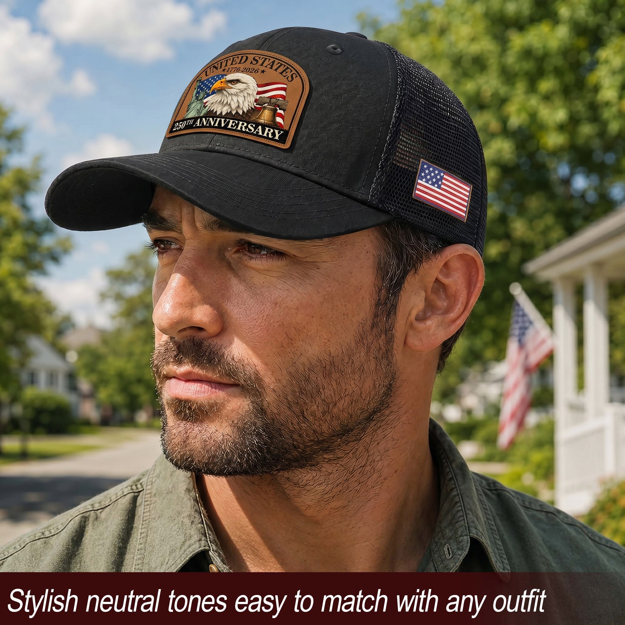 US 250th Anniversary Leather Patch Hat Patriotic Eagle Liberty Black Trucker Cap