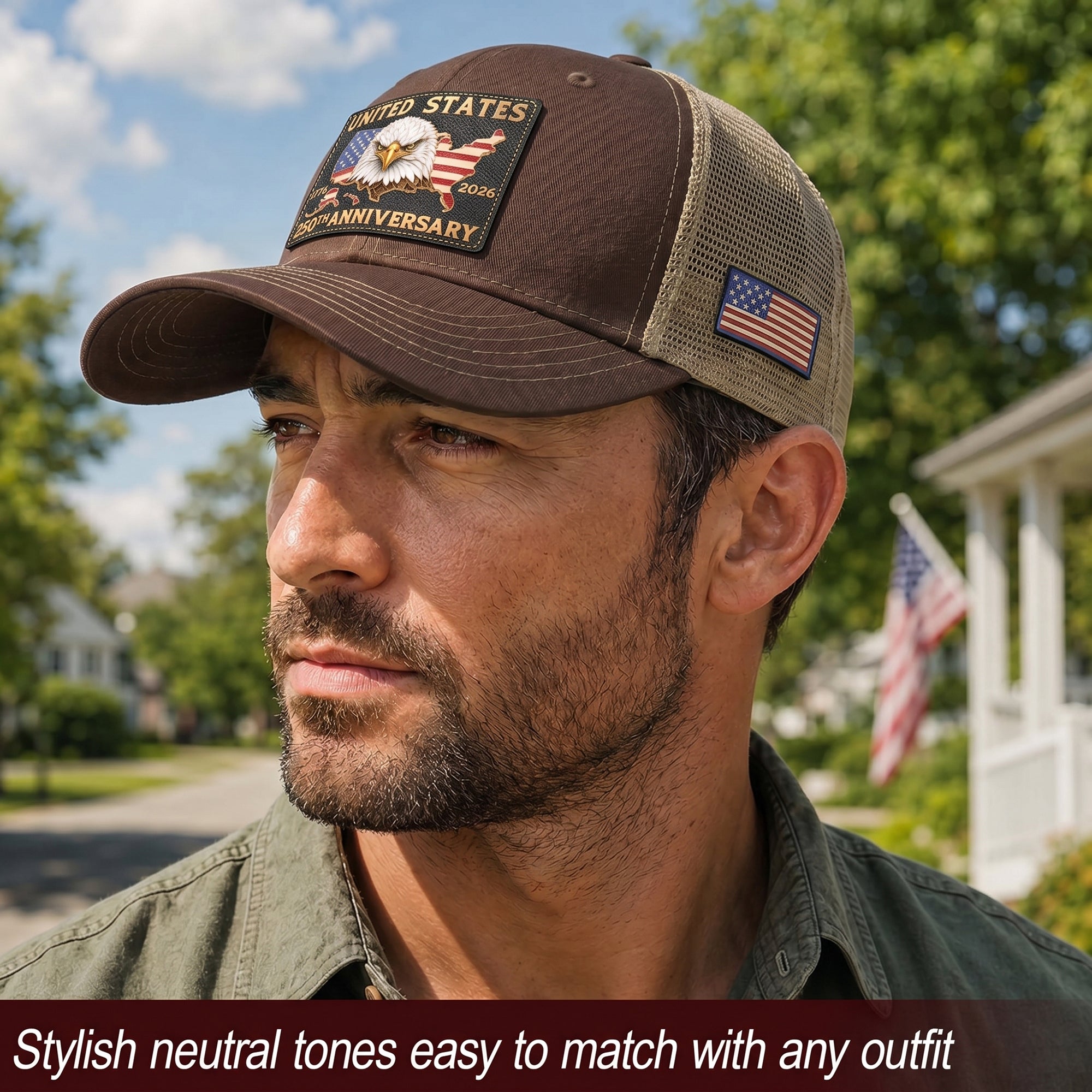 US 250th Anniversary Trucker Hat Vintage American Eagle Leather Patch Brown Cap upsale