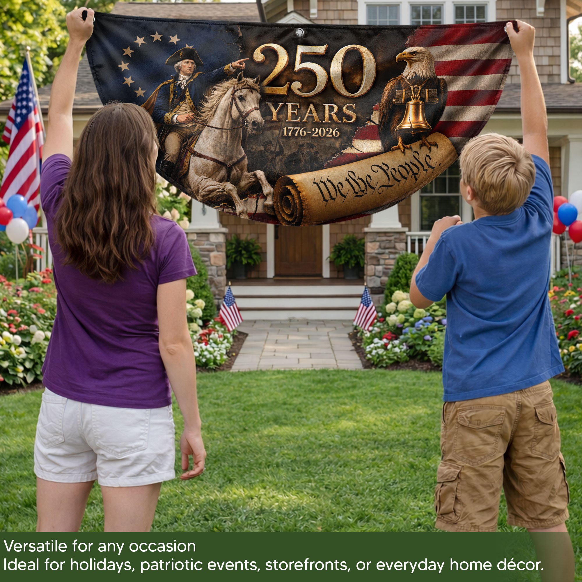 250th Anniversary US Fence Flag 1776-2026 Patriotic George Washington Outdoor Banner