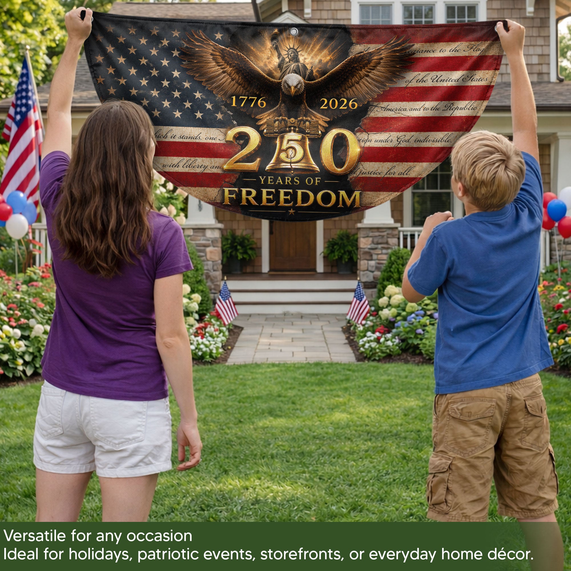 250th Anniversary US Fence Flag 1776-2026 Patriotic Statue of Liberty Outdoor Banner