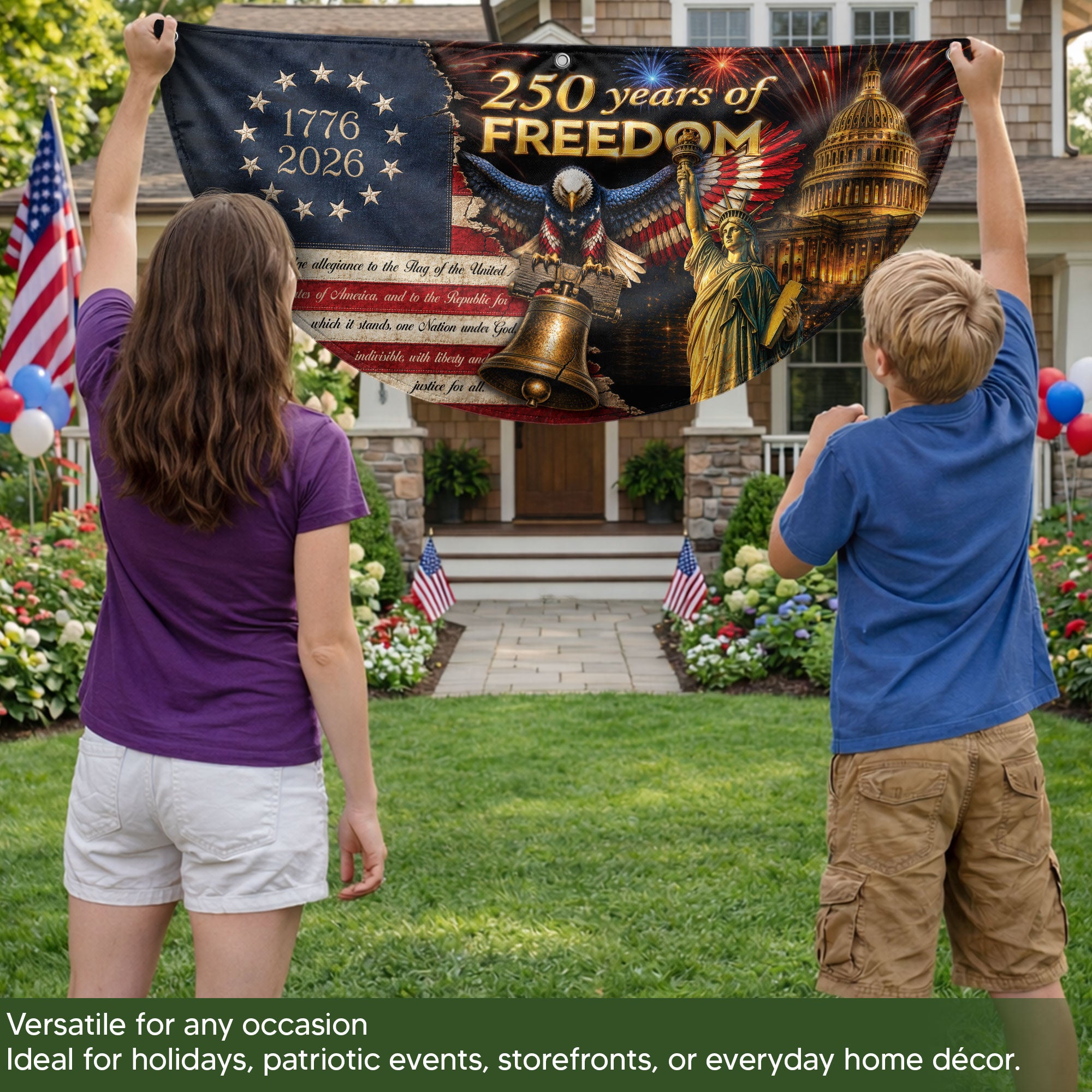 250th Anniversary US Fence Flag 1776-2026 Patriotic US Capitol Statue of Liberty Banner