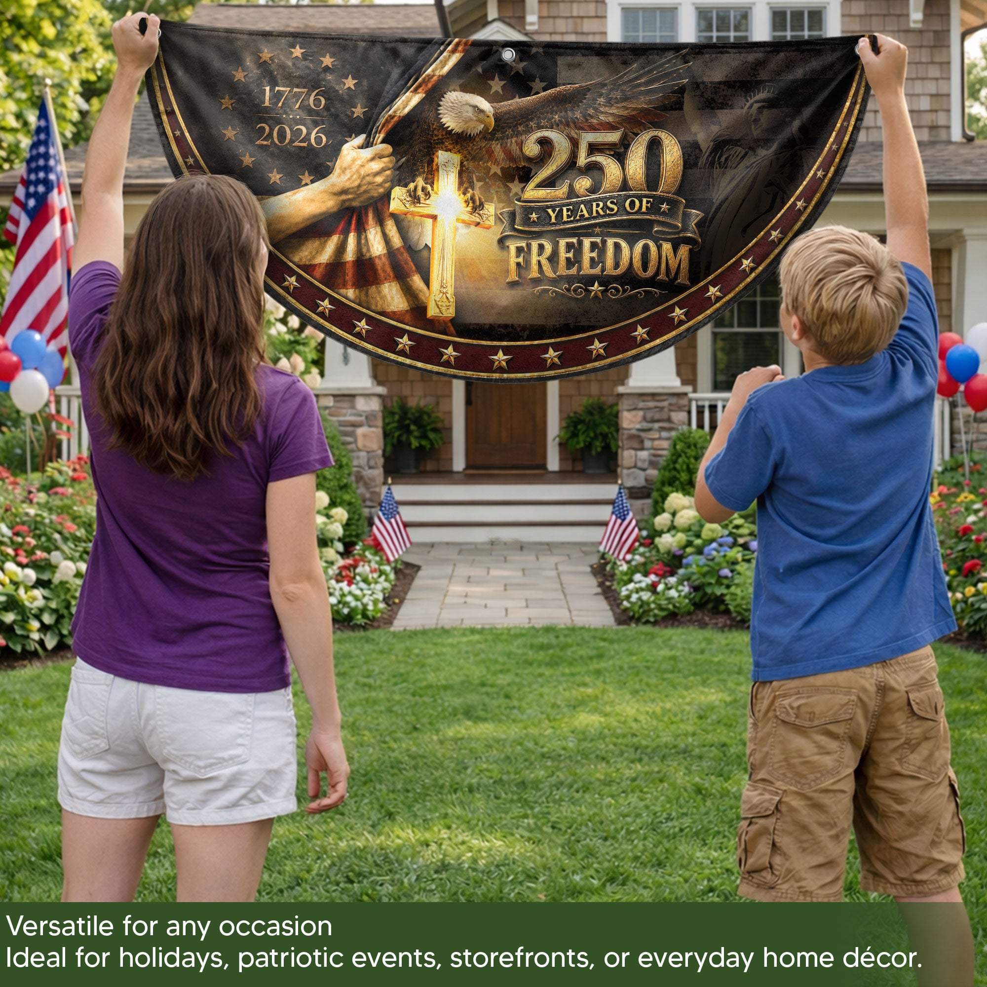 Fence Flag 250 Years Freedom Banner | 1776-2026 Christian Cross Eagle Outdoor Decor