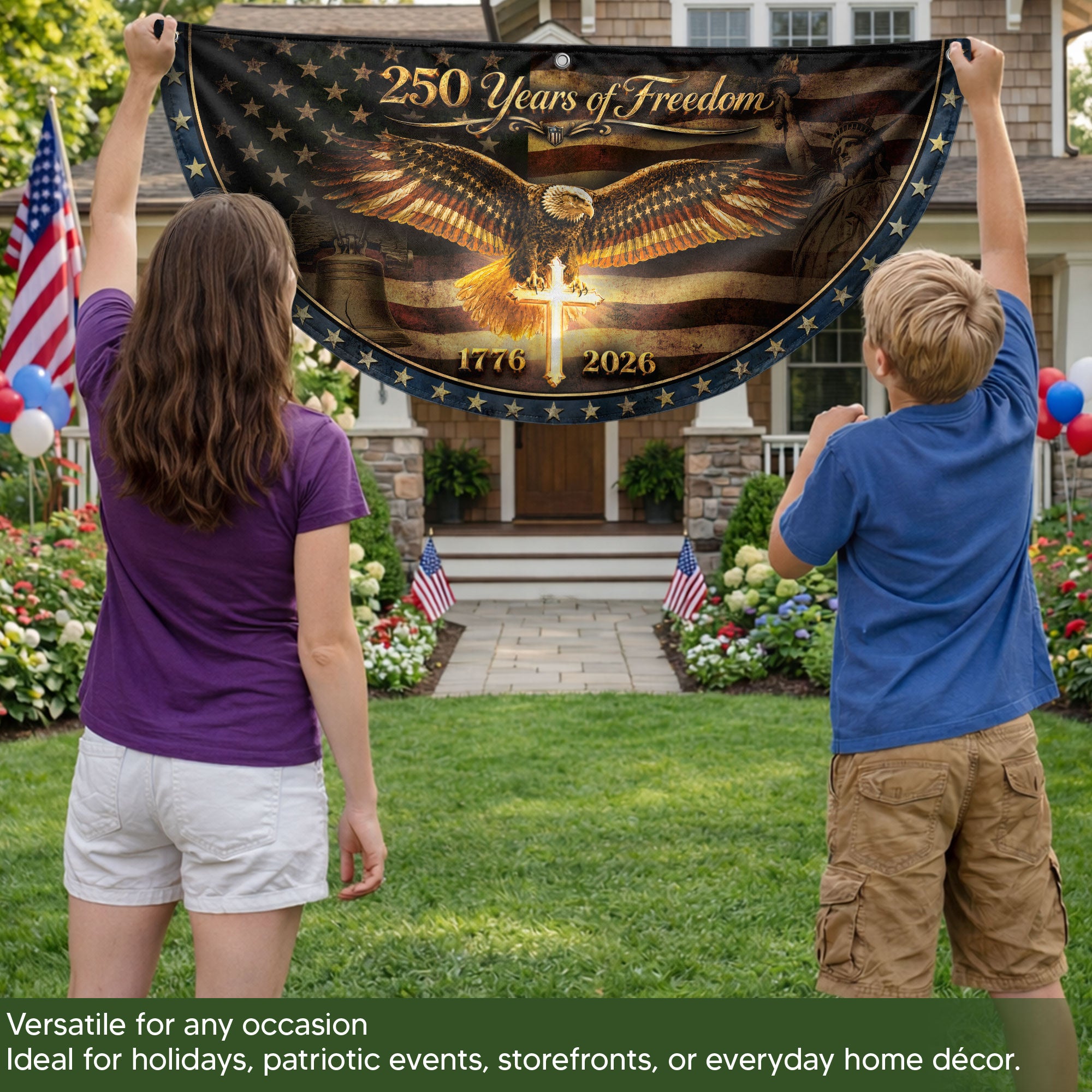 250 Years of Freedom Fence Flag 1776 2026 American Eagle Cross Patriotic Bunting Banner