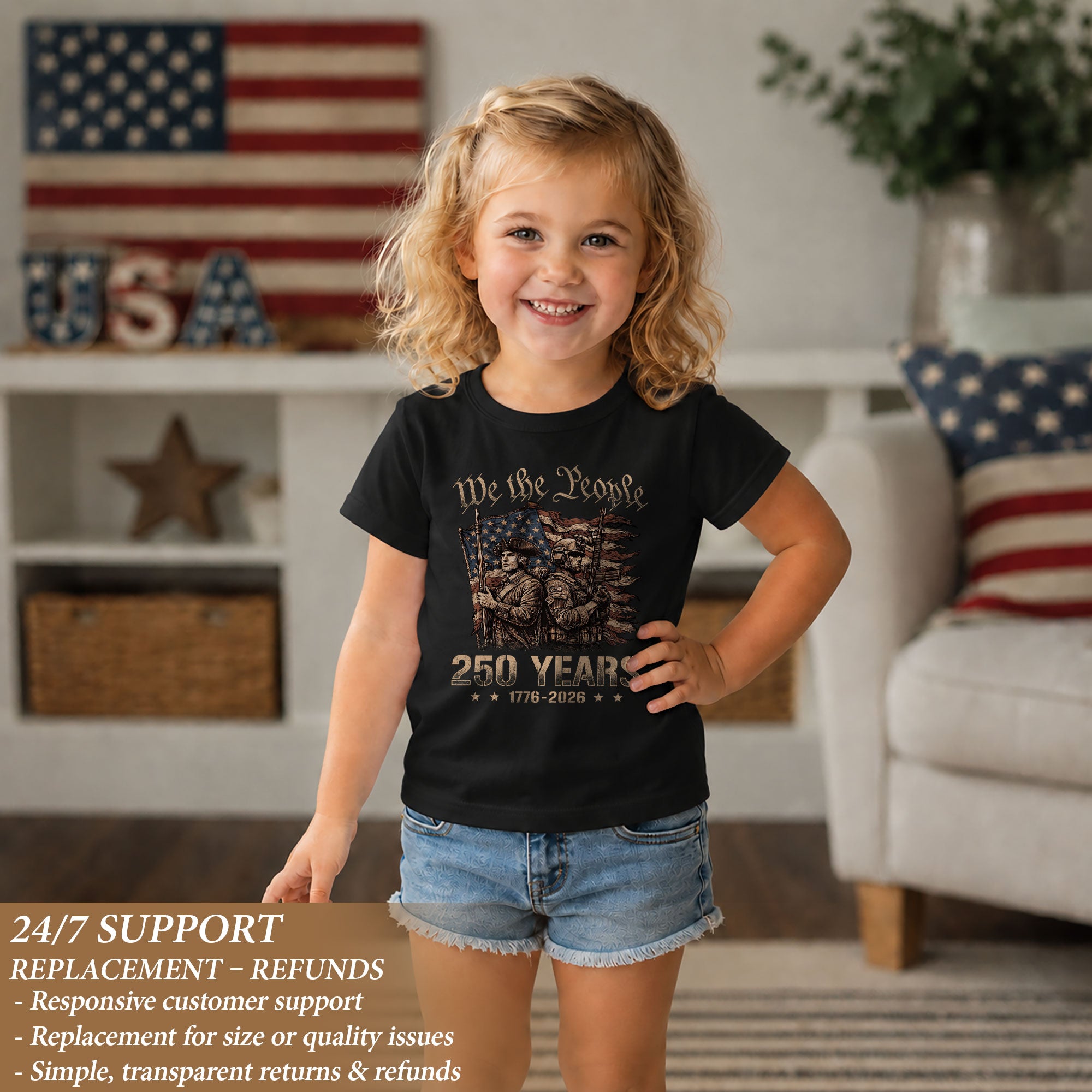 250 Years Kids T-Shirt Revolutionary Soldier Patriotic American Flag 1776-2026 Youth