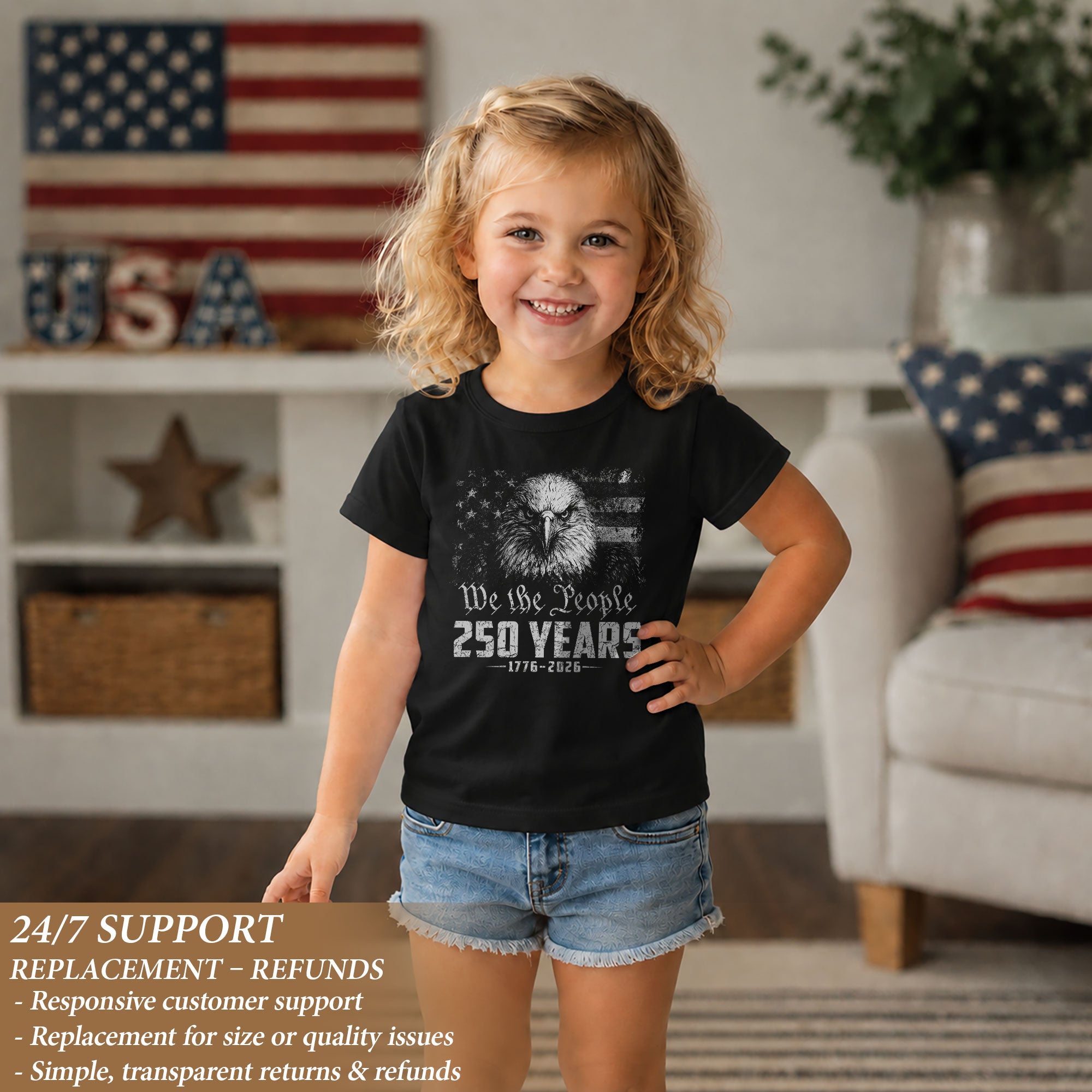 250 Years Kids T-Shirt Vintage Patriotic Bald Eagle American Flag 1776-2026 Youth Shirt