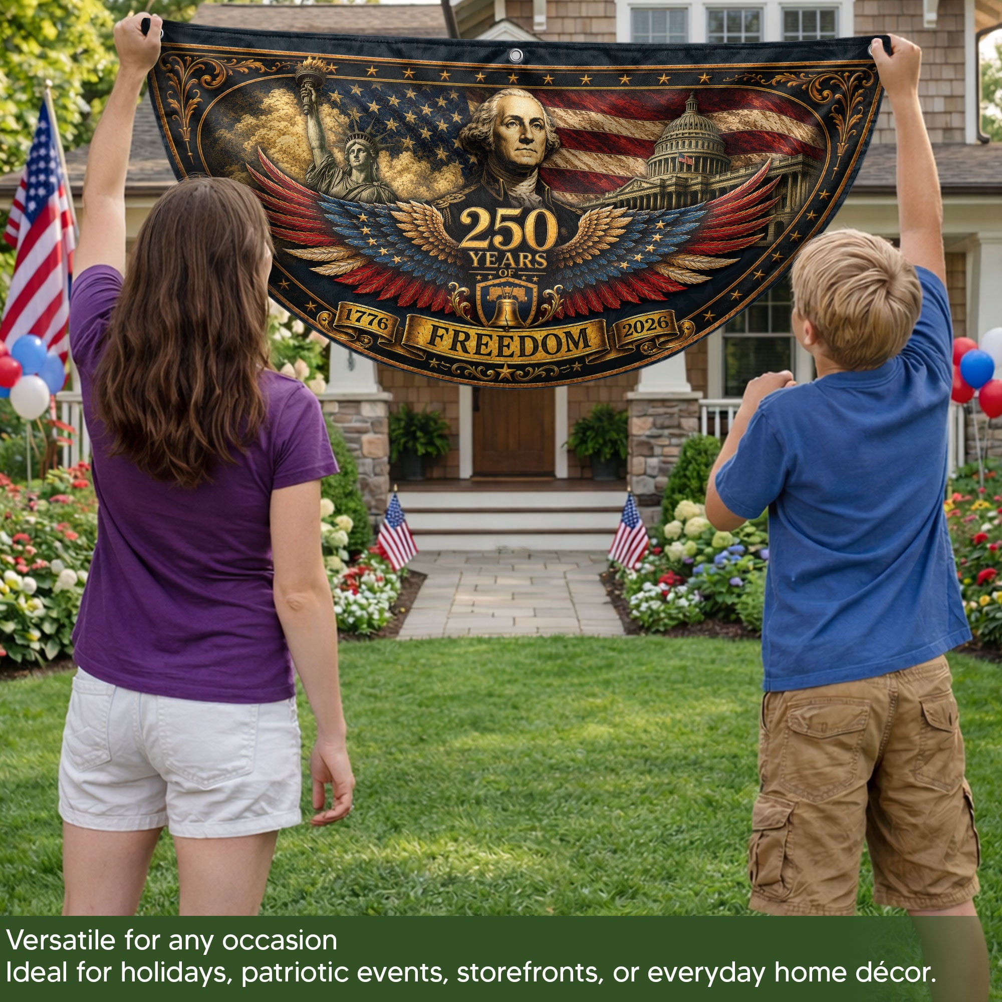 1776-2026 George Washington Fence Flag 250 Years of Freedom Patriotic Pleated Bunting