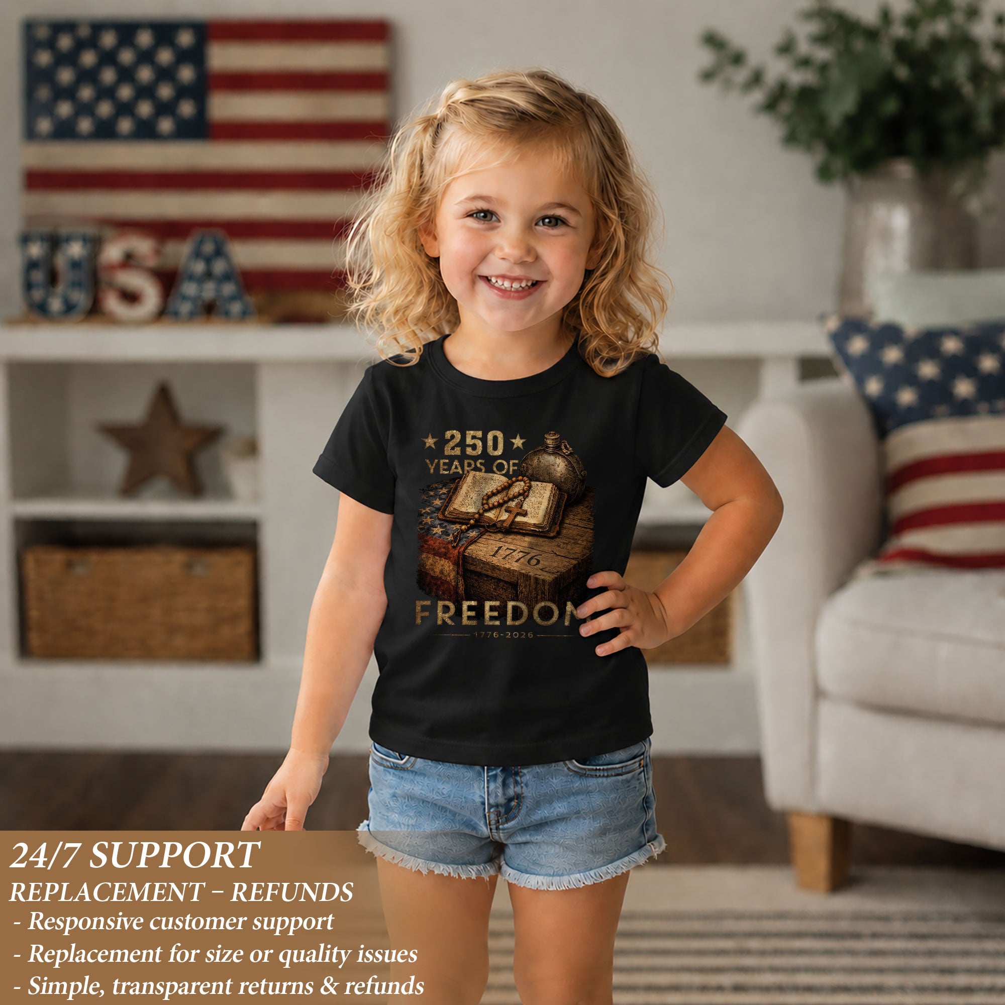 250 Years of Freedom Kids Tee 1776–2026 Faith and Patriotism Graphic Shirt