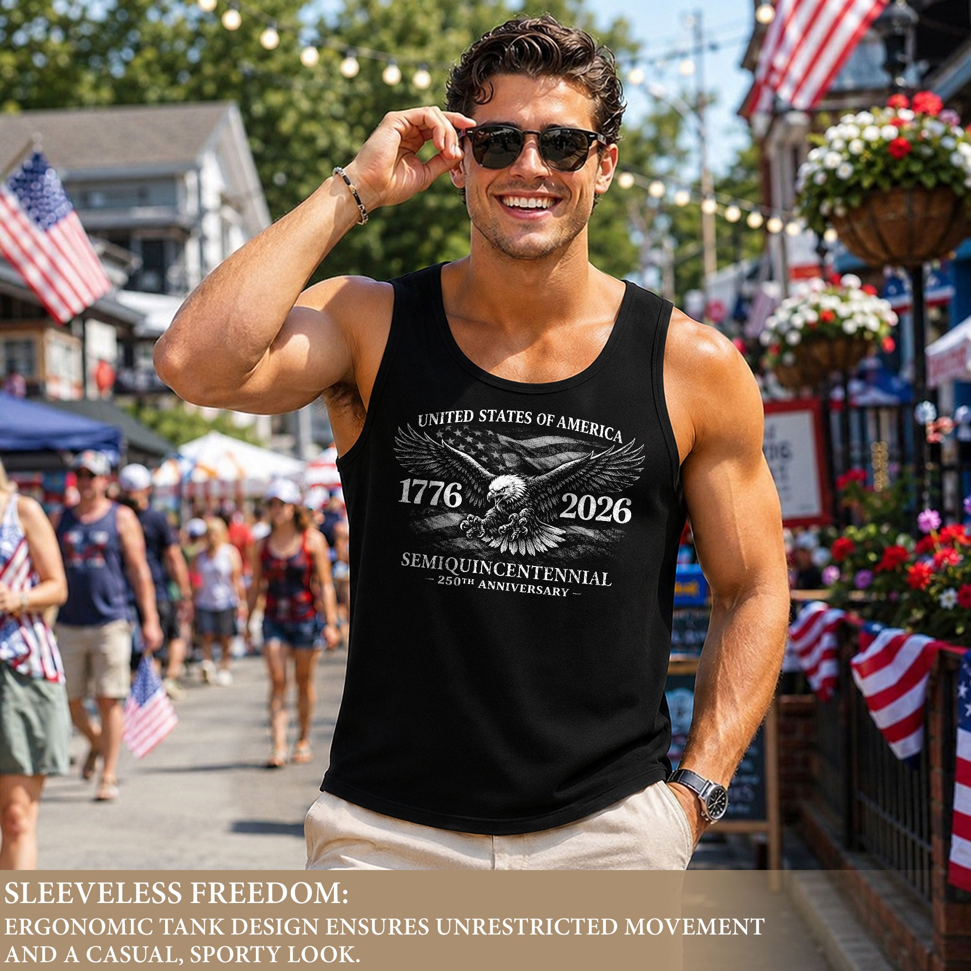 Independence 1776-2026 Mens Tank Top Patriotic 250th Anniversary Flag Tee