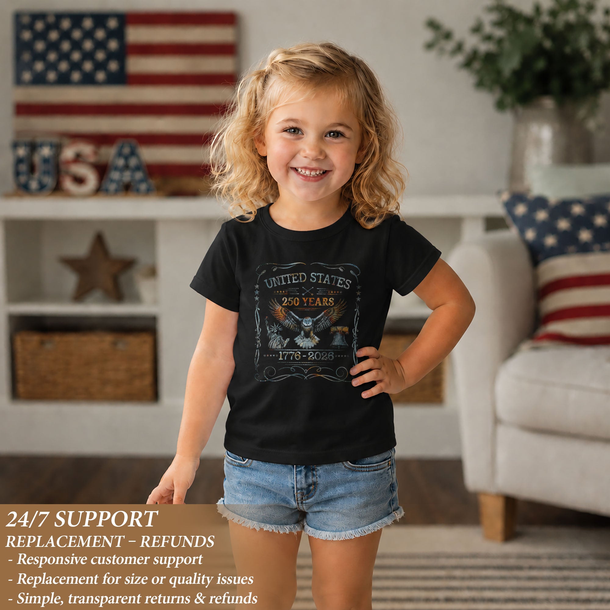 Patriotic 1776-2026 Kids Shirt United States 250 Years Liberty Bell Eagle Boys Girls Tee