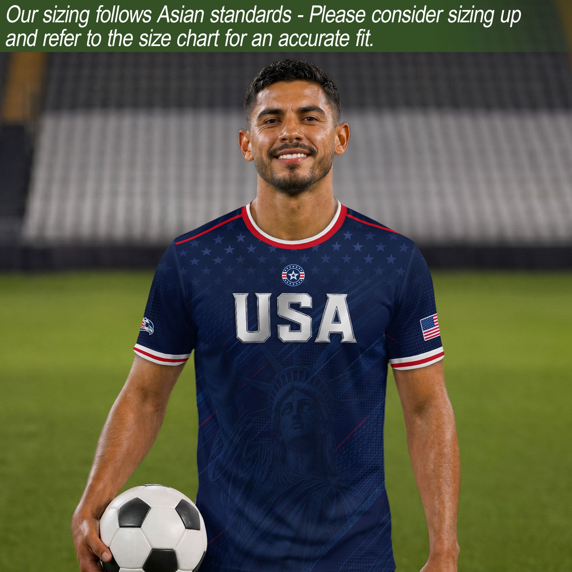 Navy USA Soccer Jersey Men Patriotic United States Football Shirt Silver USA Text Gift