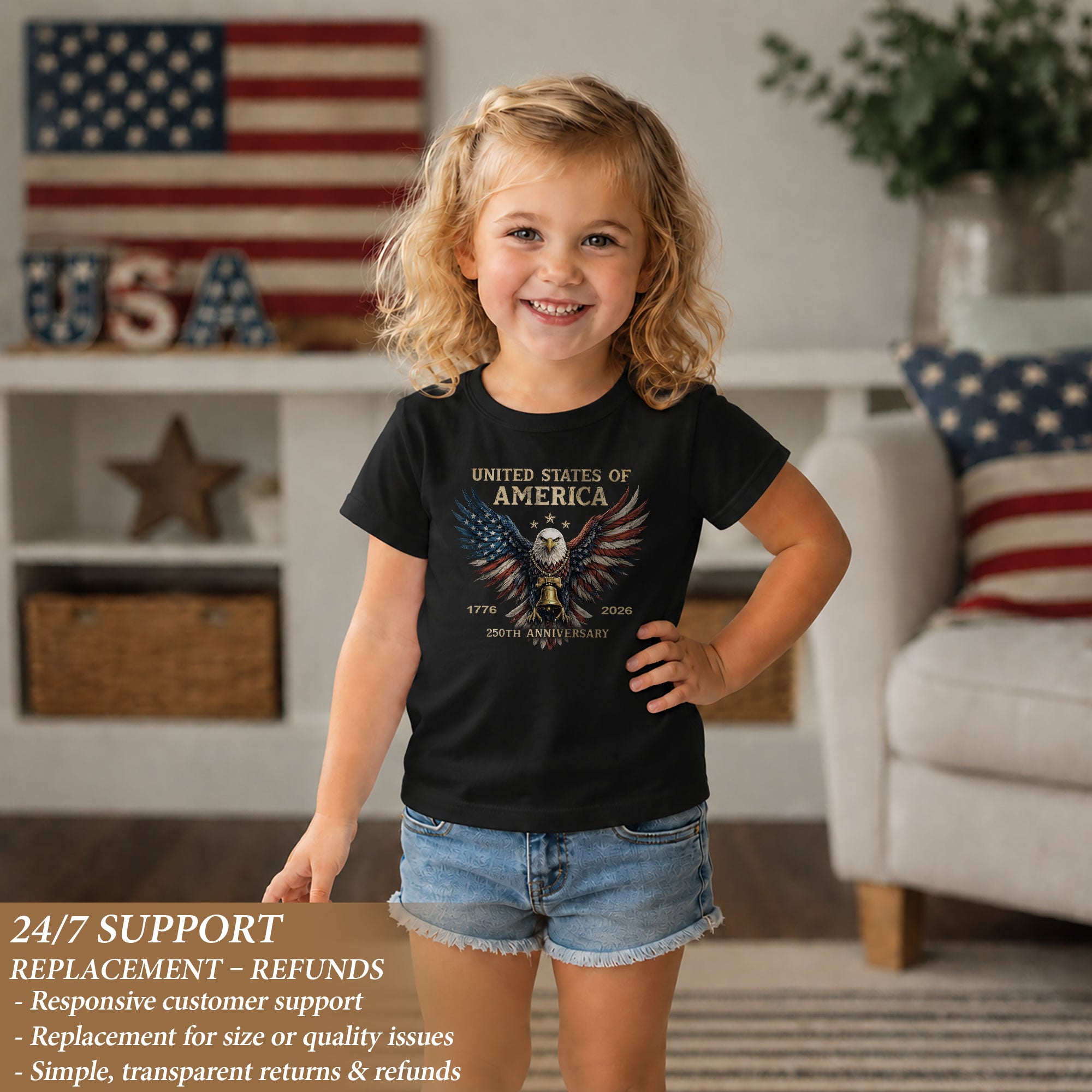 250th Anniversary Kids T-Shirt Patriotic Eagle Liberty Bell 1776-2026 Youth Tee Shirt