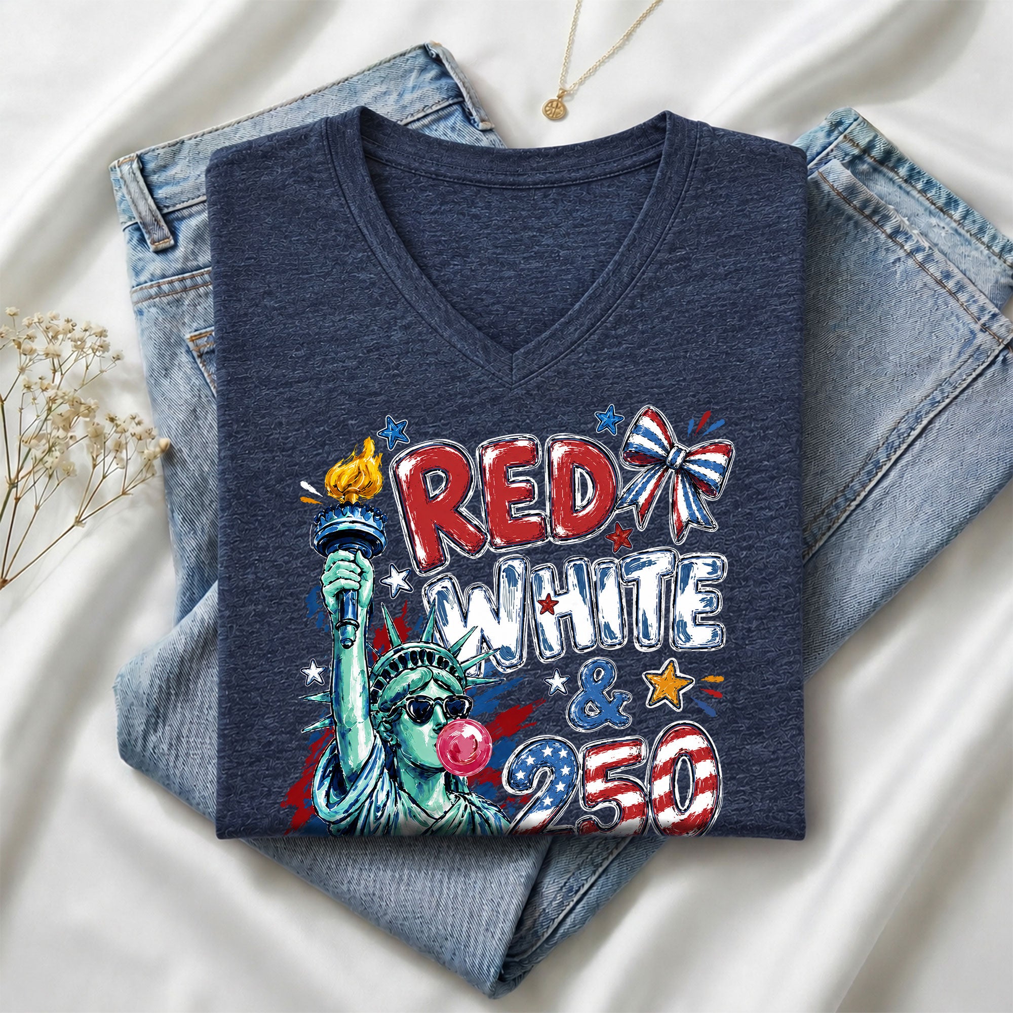 Red White & 250 Patriotic V-Neck T-Shirt for Women Vintage USA Graphic Tee