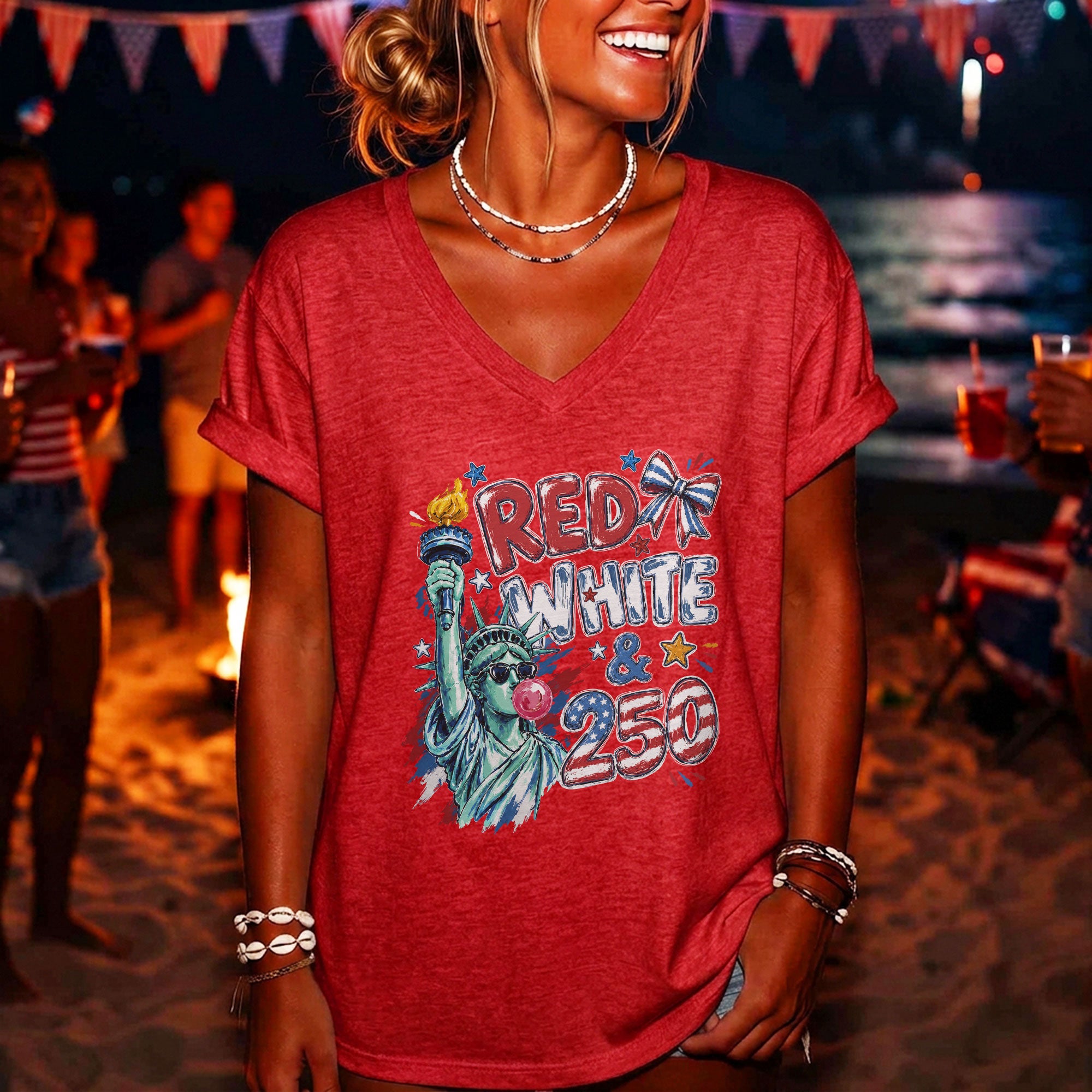 Red White & 250 Patriotic V-Neck T-Shirt for Women Vintage USA Graphic Tee