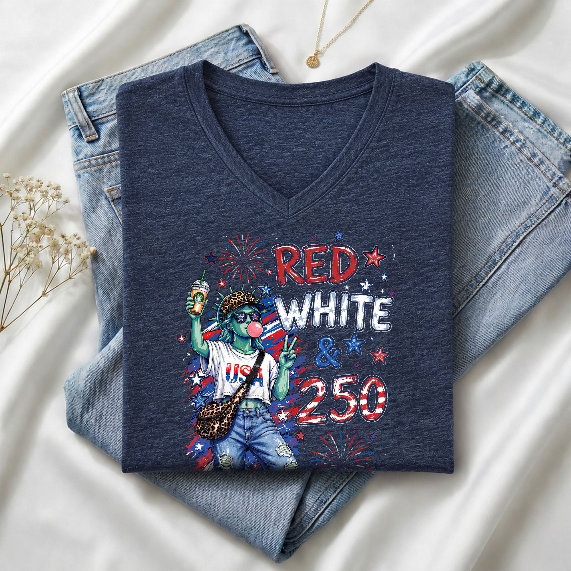 Red White & 250 Patriotic Lady Liberty Street Style V-Neck T-Shirt – America 250 Celebration Tee