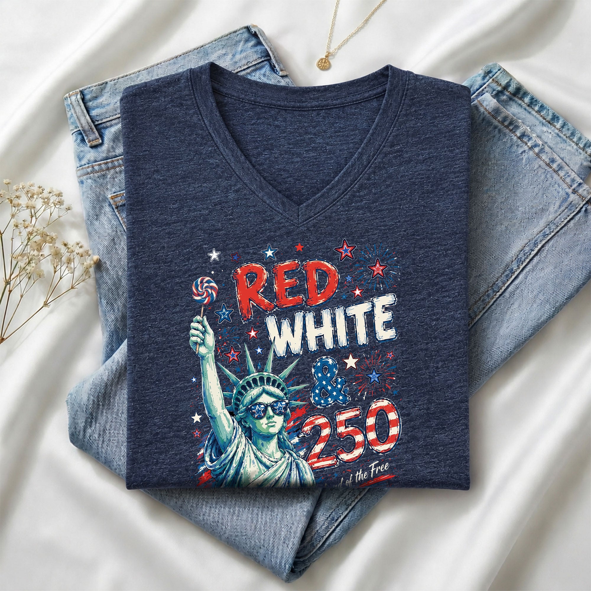 Red White & 250 Retro Lady Liberty Patriotic V-Neck T-Shirt – USA 250th Anniversary Graphic Tee