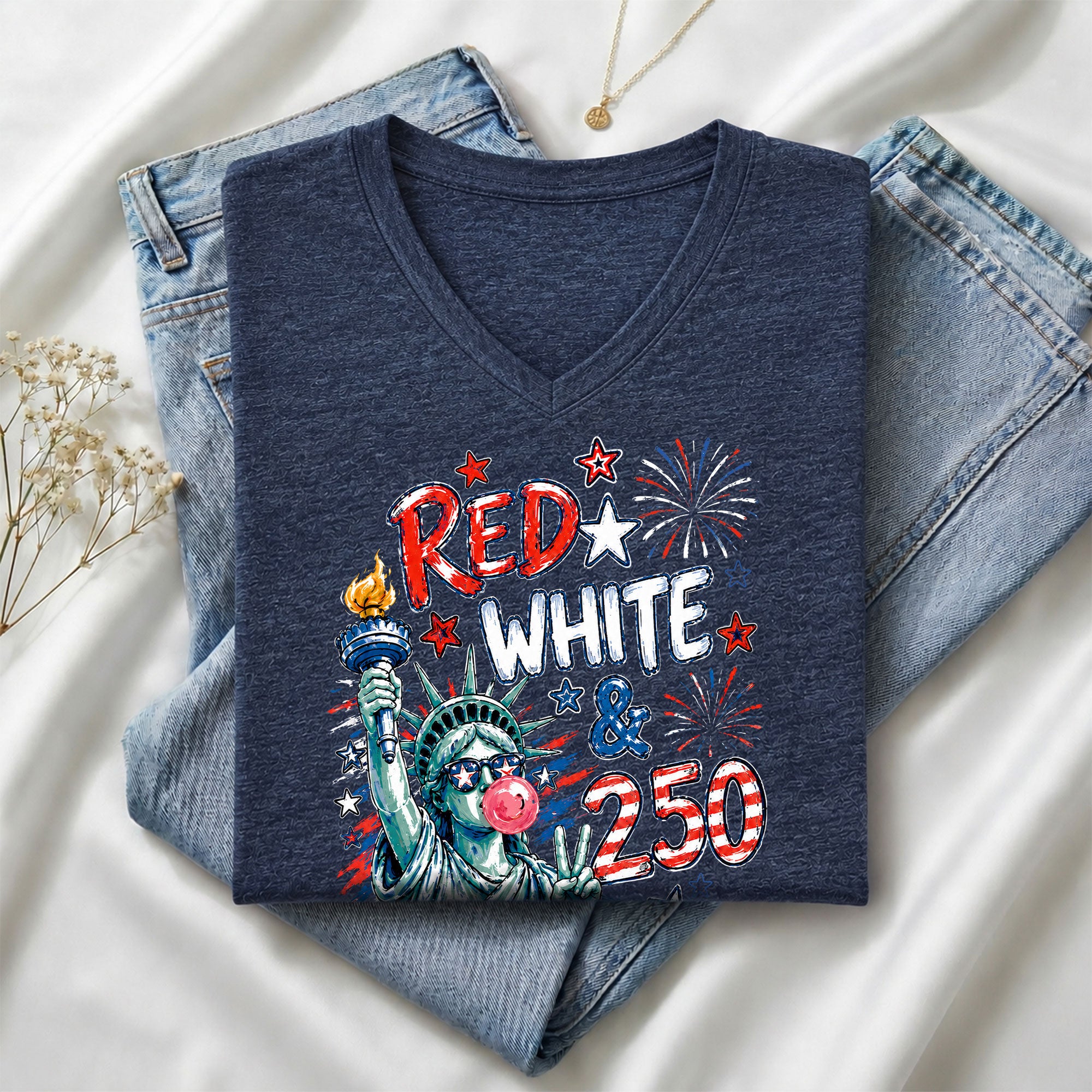 Red White & 250 Funny Lady Liberty Bubblegum V-Neck T-Shirt – America 250 Independence Day Tee
