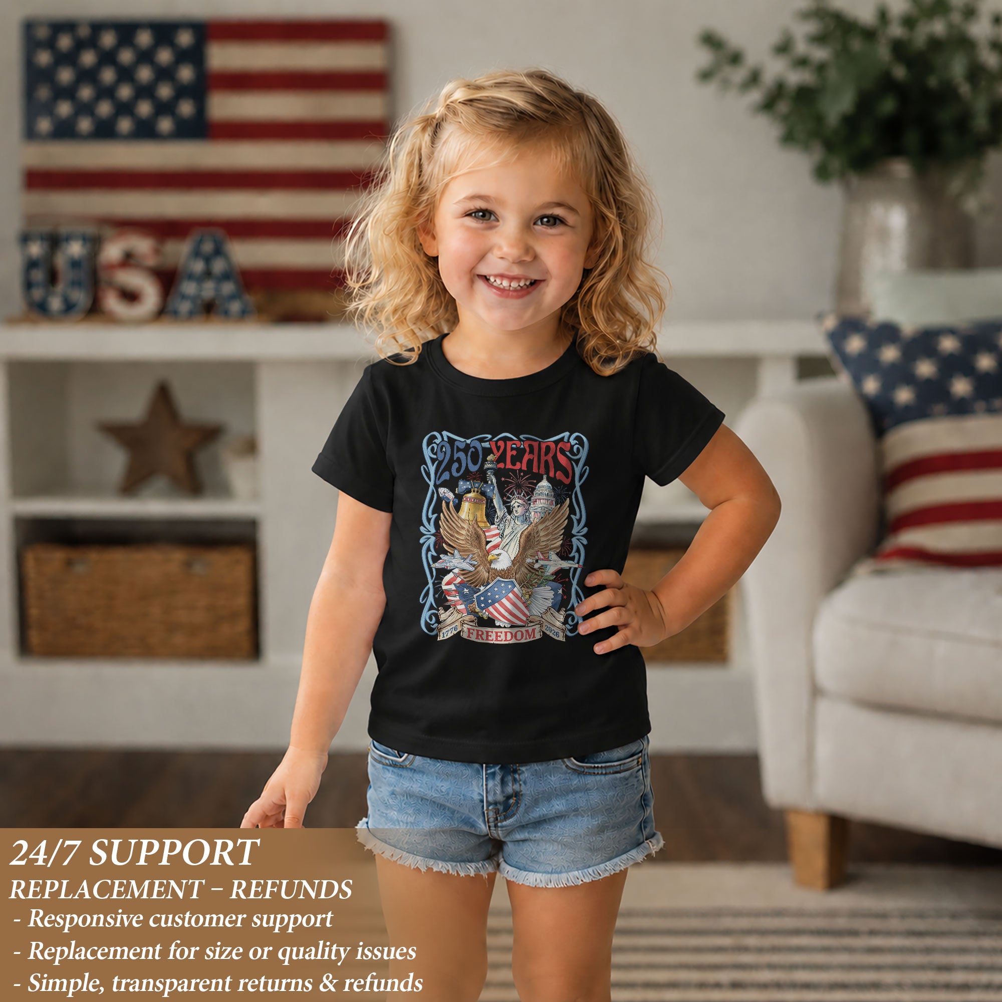 Kids T Shirt 1776-2026 Patriotic 250 Years Freedom Eagle Shield Independence Day Tee