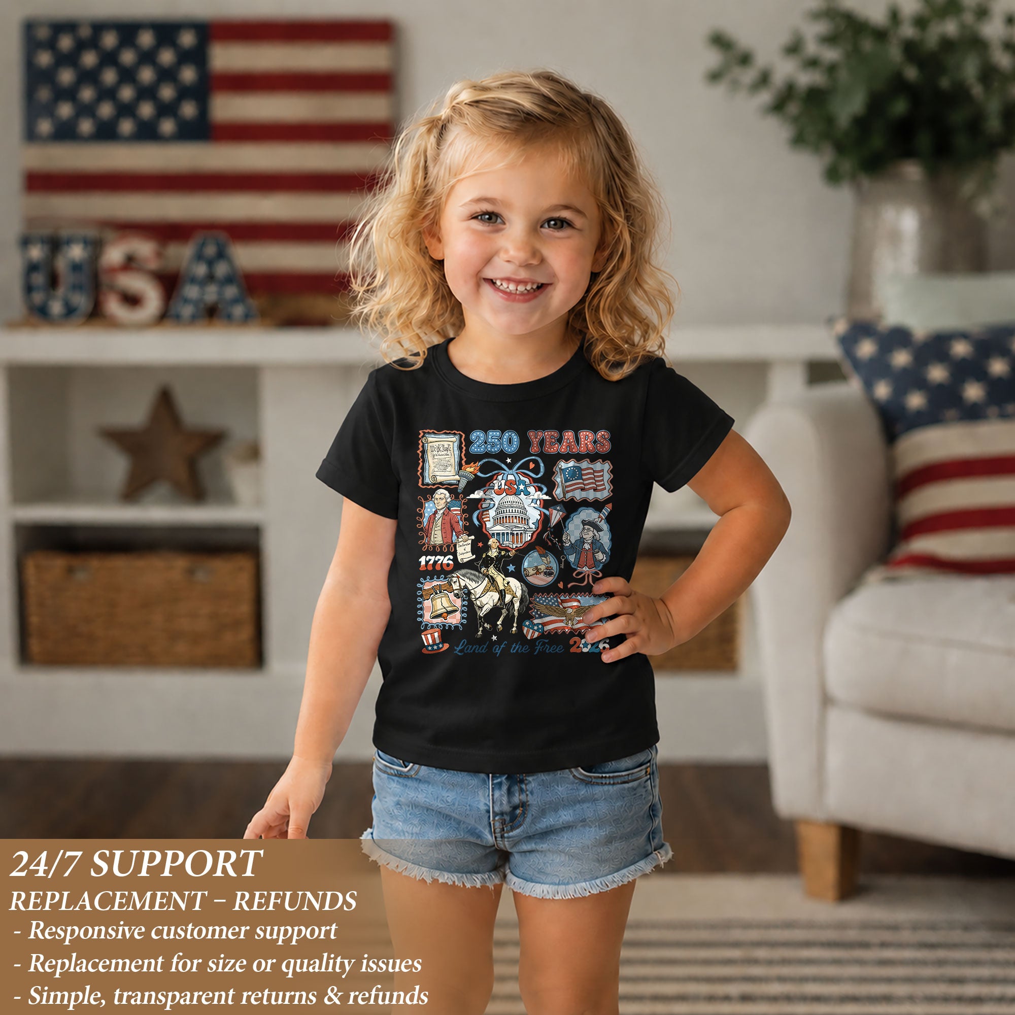 Kids T Shirt Patriotic 1776-2026 250 Years History US Capitol Independence Day Tee