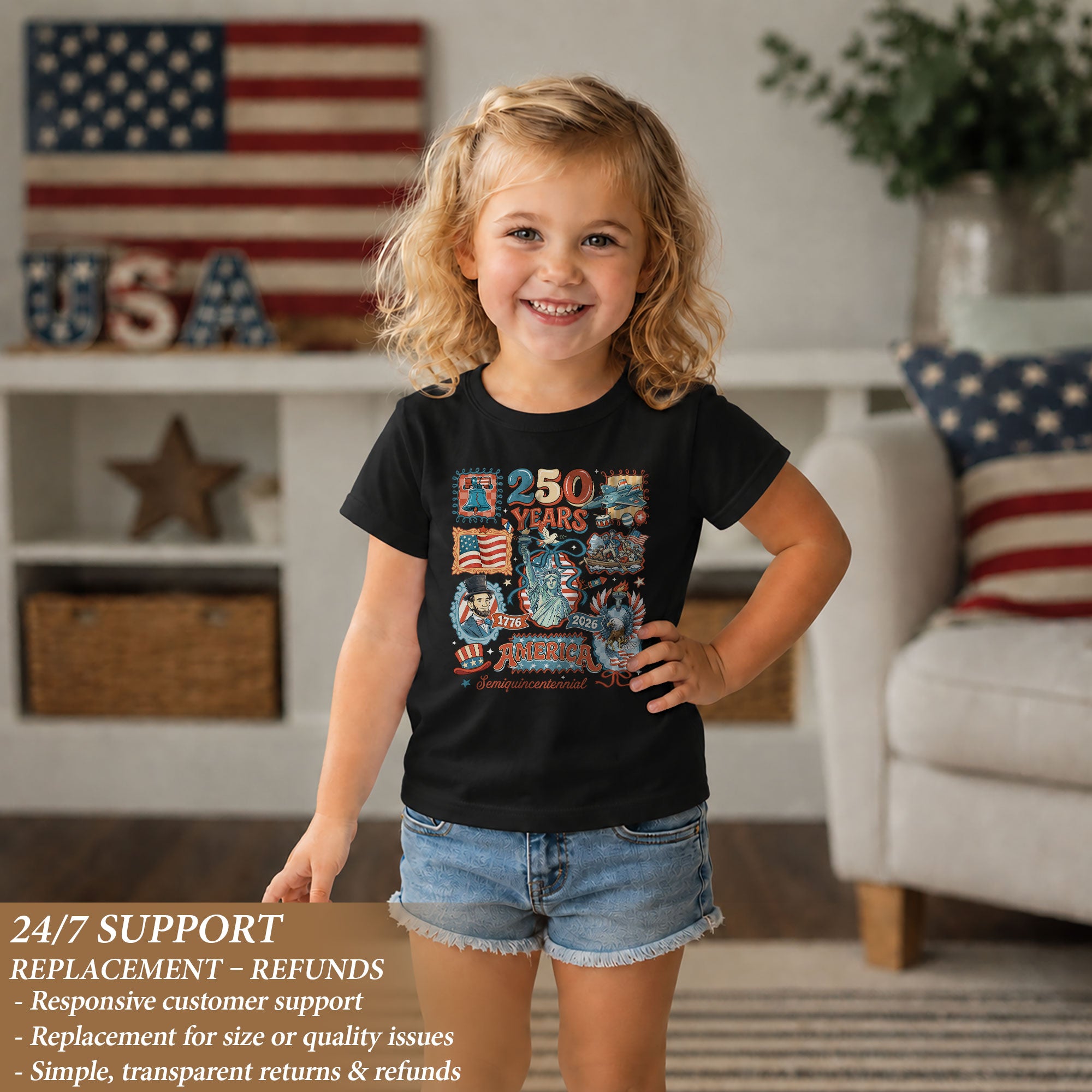 Kids T Shirt Patriotic 250 Years Eagle US Flag History 1776-2026 Independence Day Tee