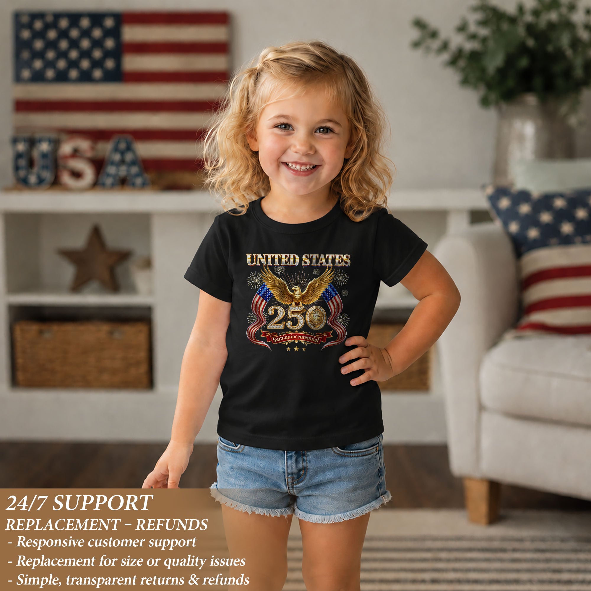250 Years Kids T-Shirt Patriotic Golden Eagle Fireworks American Flag 1776-2026 Youth