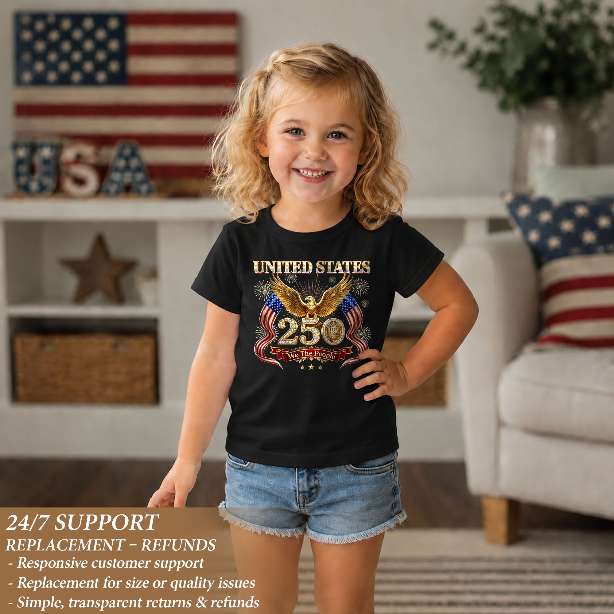 250 Years Kids T-Shirt Patriotic Golden Eagle Fireworks American Flag 1776-2026 Youth