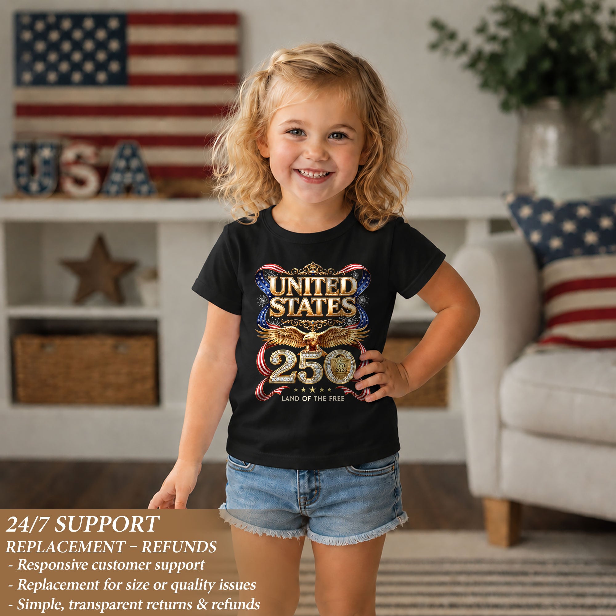 250 Years Kids T-Shirt Patriotic Golden Eagle United States American Flag Youth