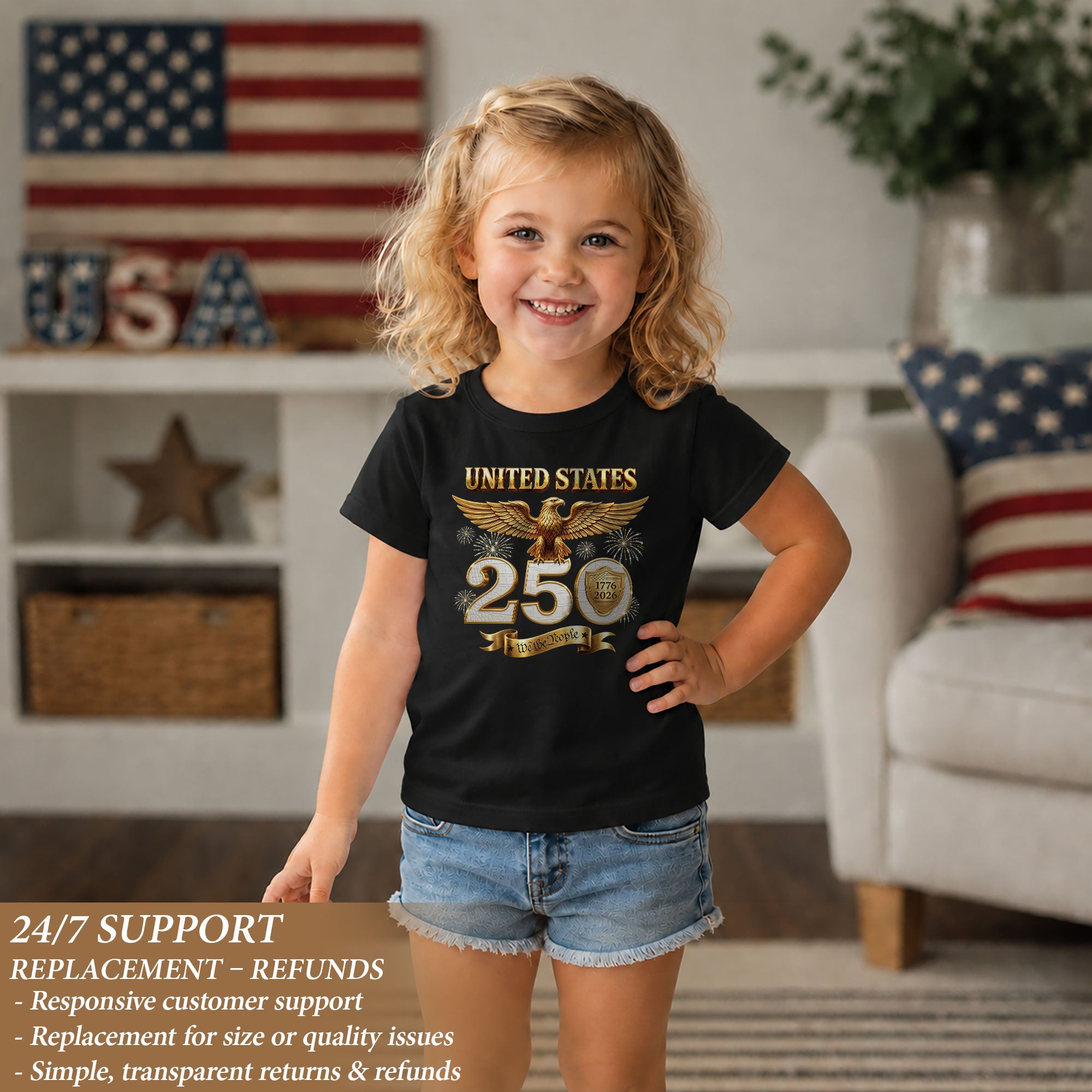 250 Years Kids T-Shirt We The People Patriotic Eagle Gold Shield 1776-2026 Youth Tee
