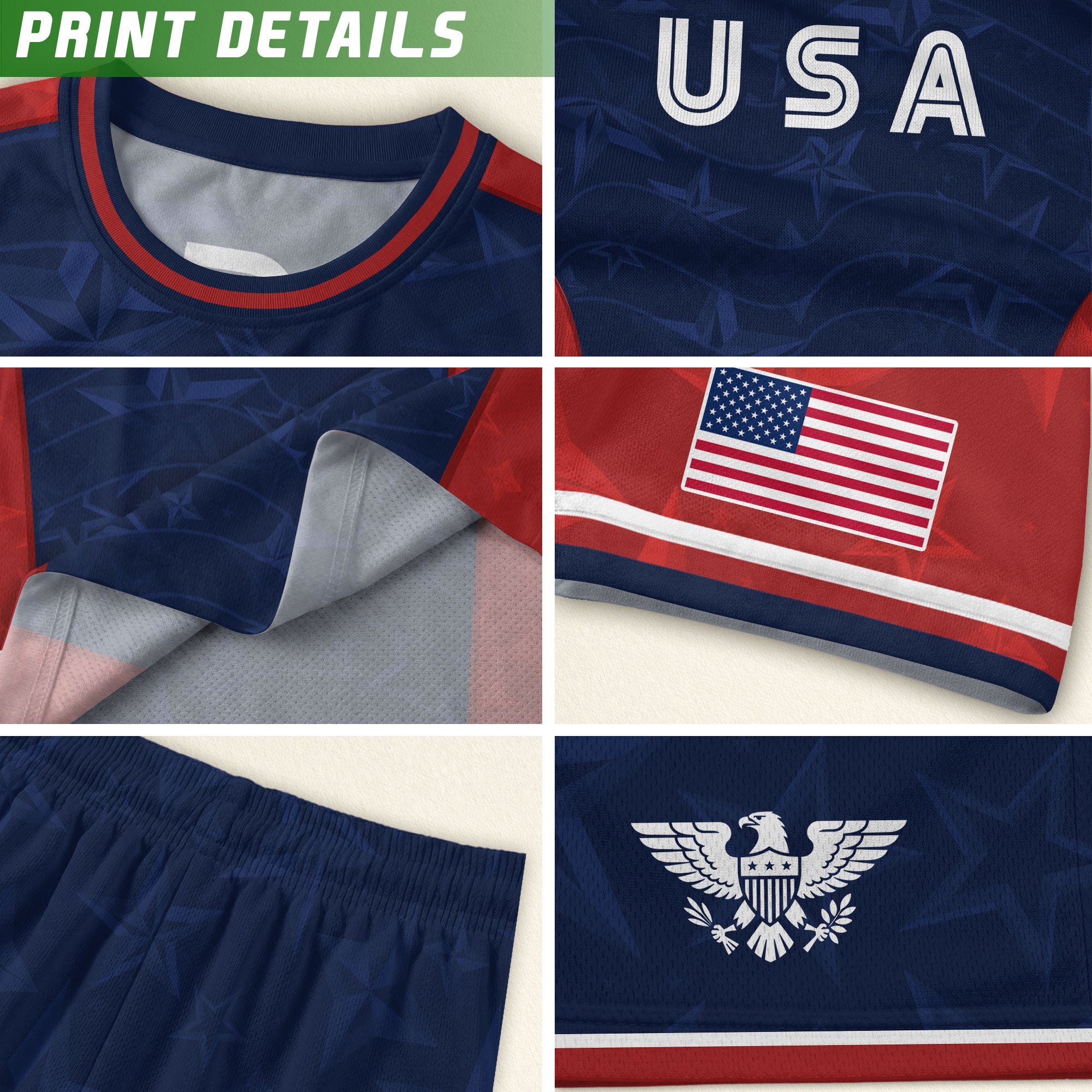 USA Kids Soccer Jersey Youth Navy Blue Red Patriotic Stars Graphic Football Shirt
