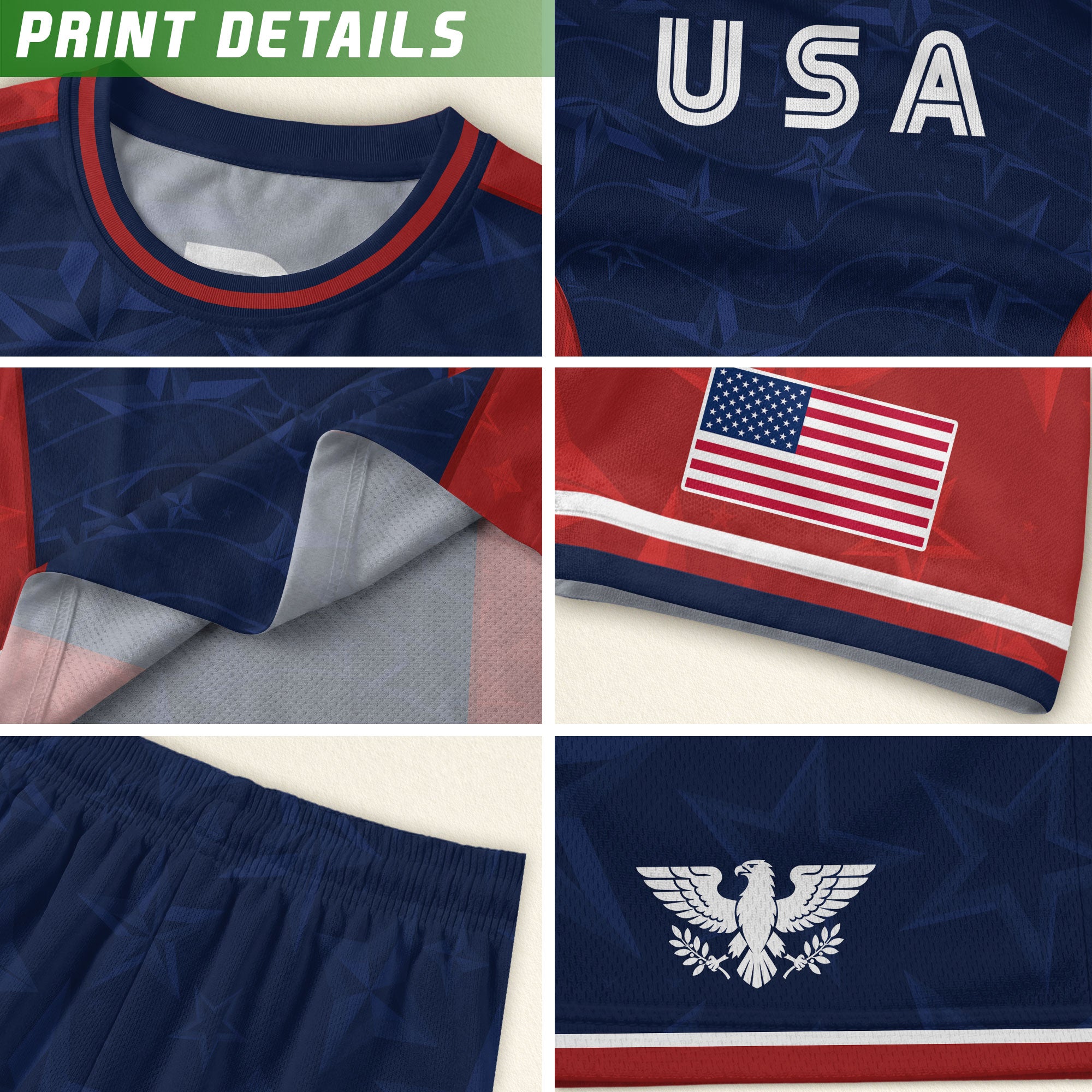 USA Kids Soccer Jersey Youth Navy Blue Red Patriotic Stars Graphic Football Shirt