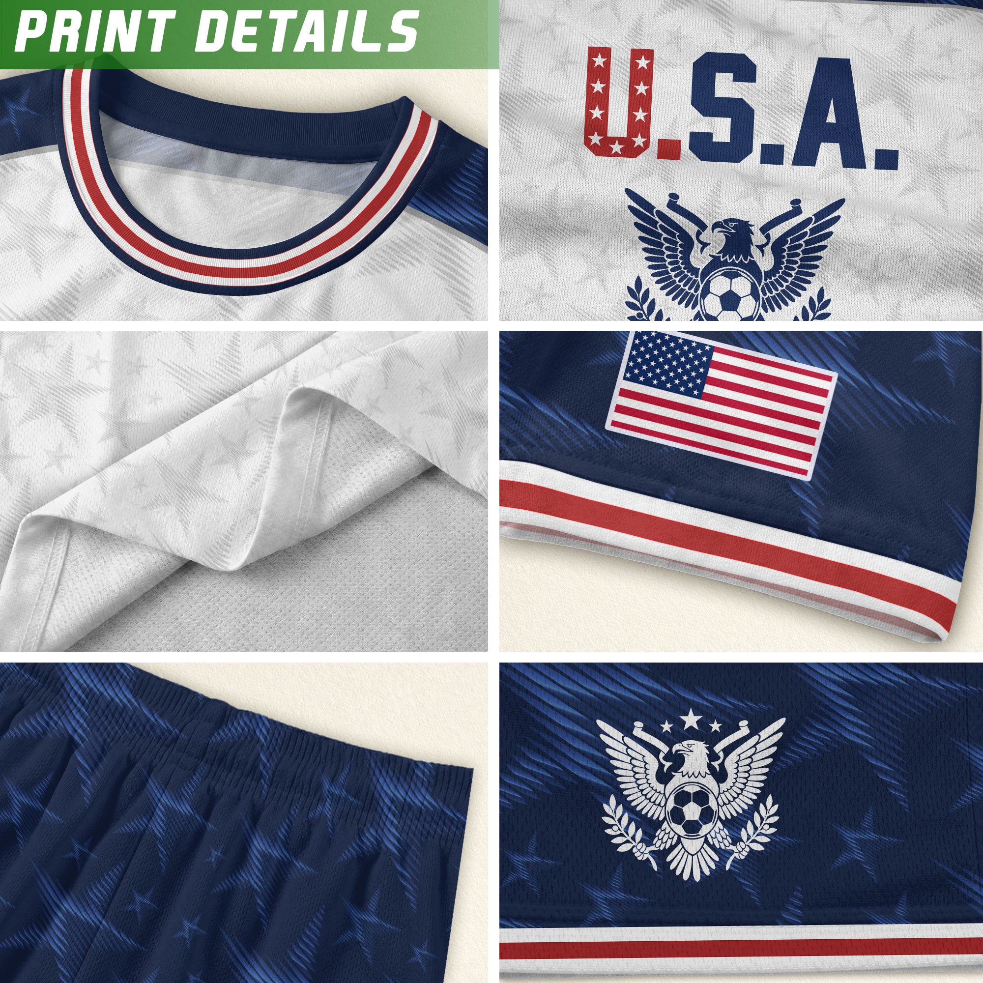 USA Kids Soccer Jersey Youth White Blue Raglan Patriotic Stars Eagle Football Shirt