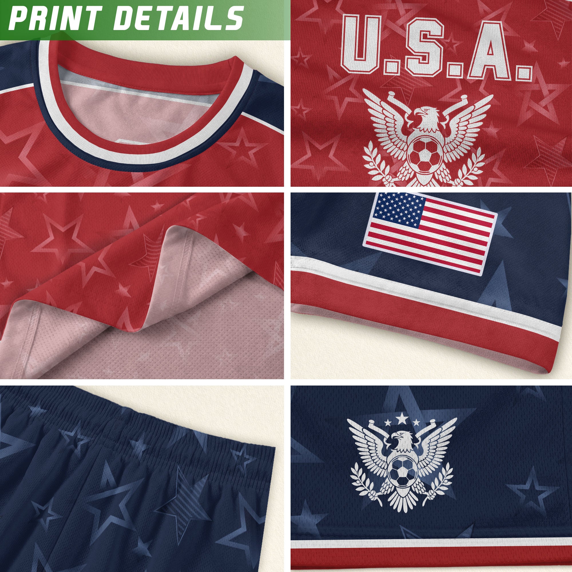 USA Kids Soccer Jersey Youth Red Blue Raglan Patriotic Stars Eagle Football Shirt