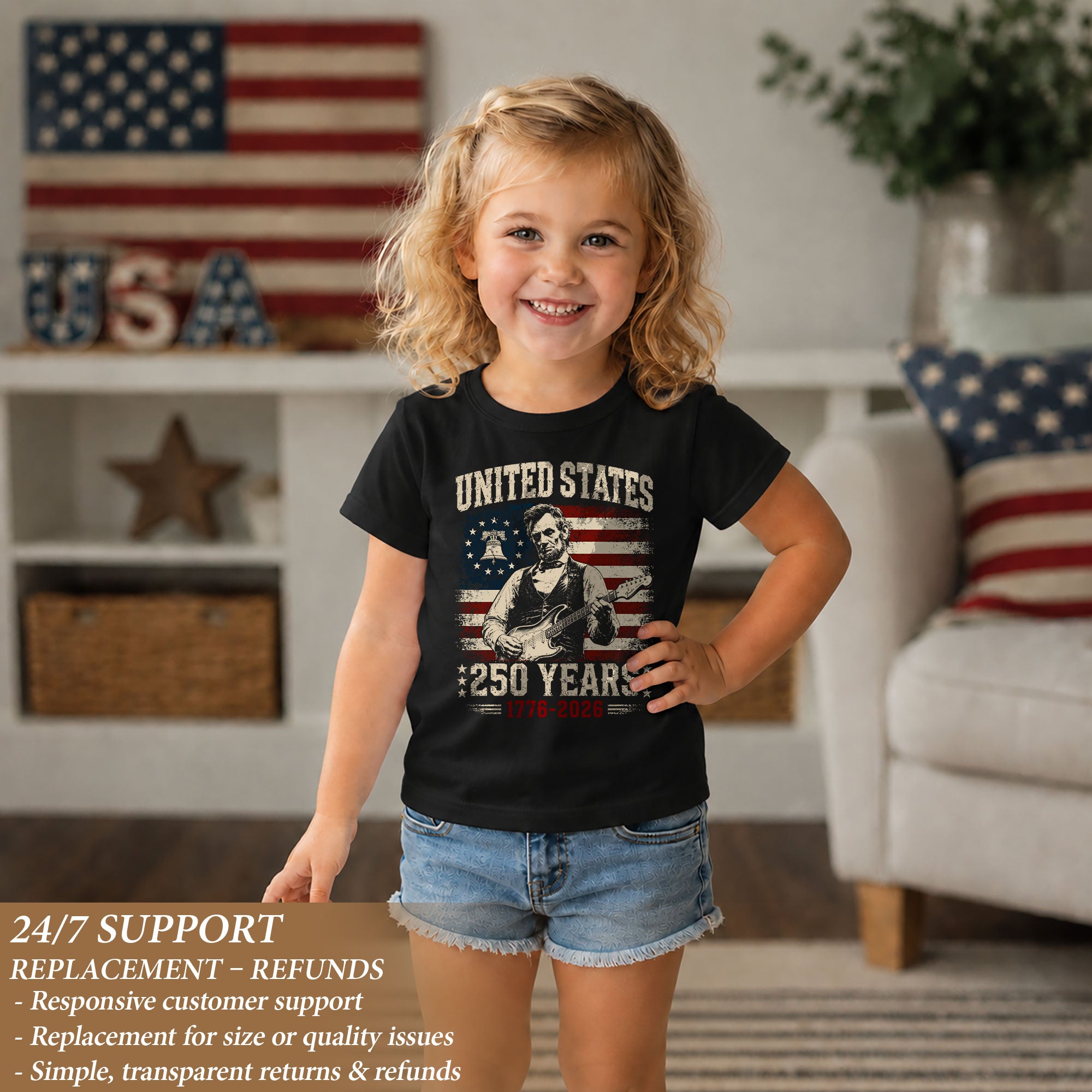 T-Shirt Kid Patriotic 1776-2026 America 250 Years Abraham Lincoln Guitar Children Shirt