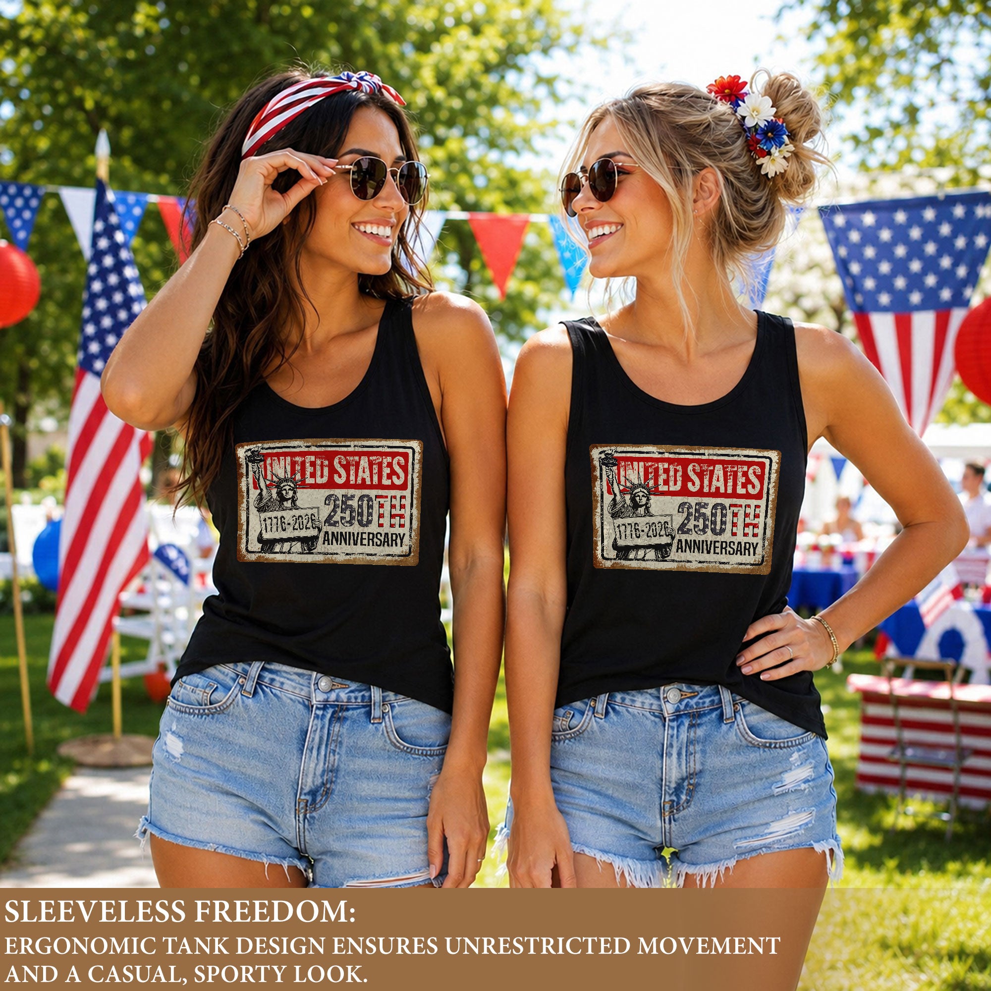 United States 250th Anniversary Tank Top Women Vintage Liberty Sign Patriotic Shirt